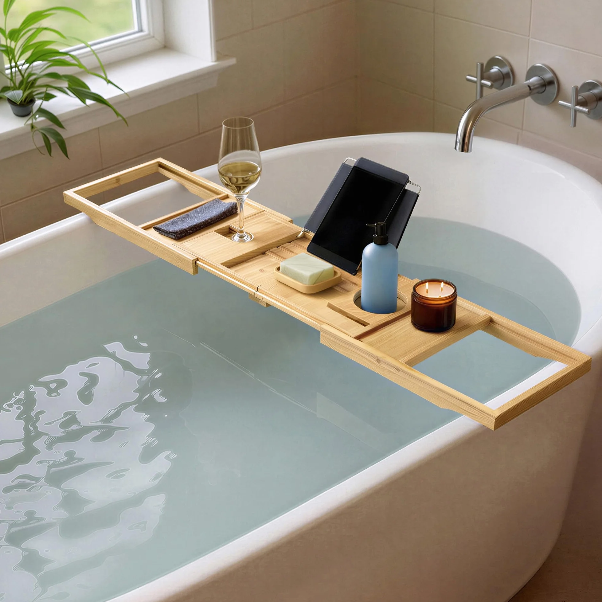 Amazon Basics Rettangolare Vassoio per vasca da bagno regolabile in bambù