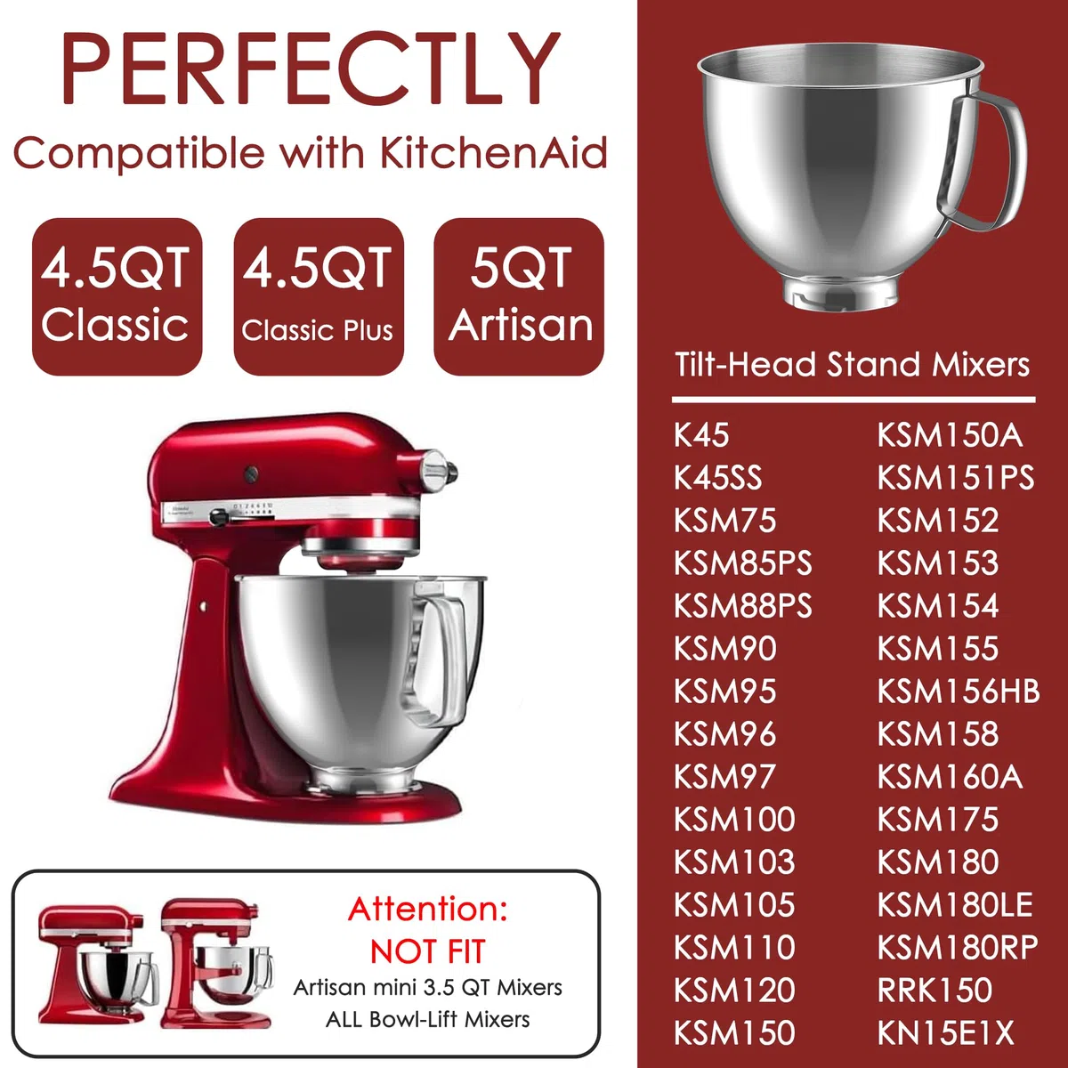 KITOART Ciotola in acciaio inox per mixer KitchenAid con testa inclinabile da 4,5 litri/5 litri, ricambio KSM150 in acciaio inox, ciotola da 4,5 QT/5QT per mixer KitchenAid, argento