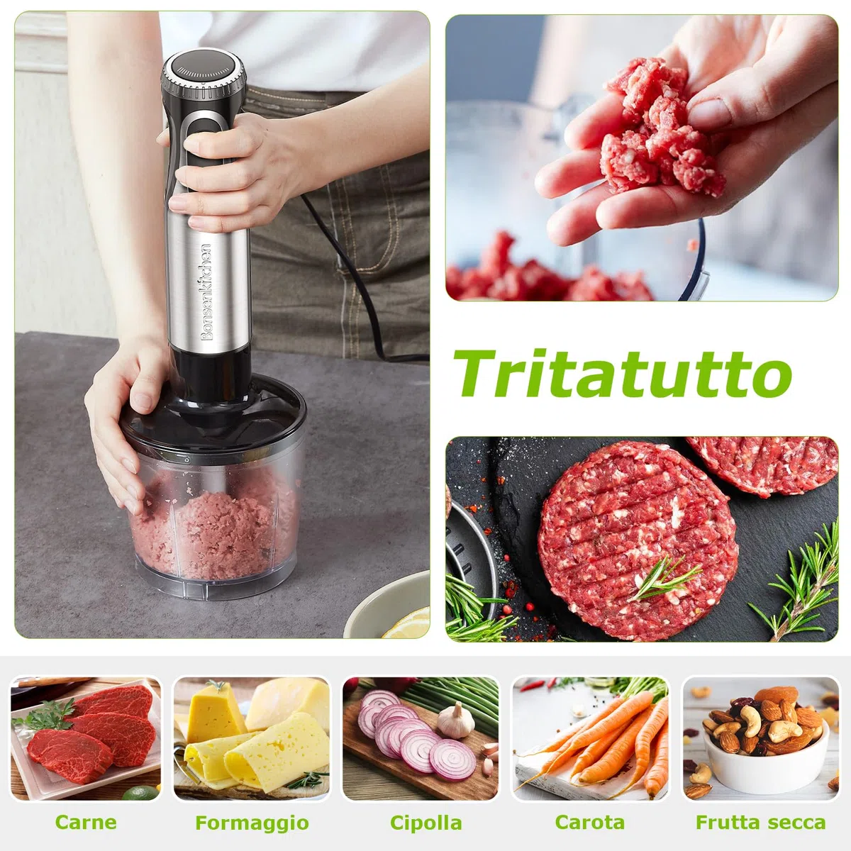 Bonsenkitchen Frullatore a Immersione Multifunzione 4 in 1, Minipimer in Acciaio Inox, 1000 W, 20 Velocità Regolabili, con Frusta, Tritatutto da 500 ml e Misurino da 700 ml, HB3203