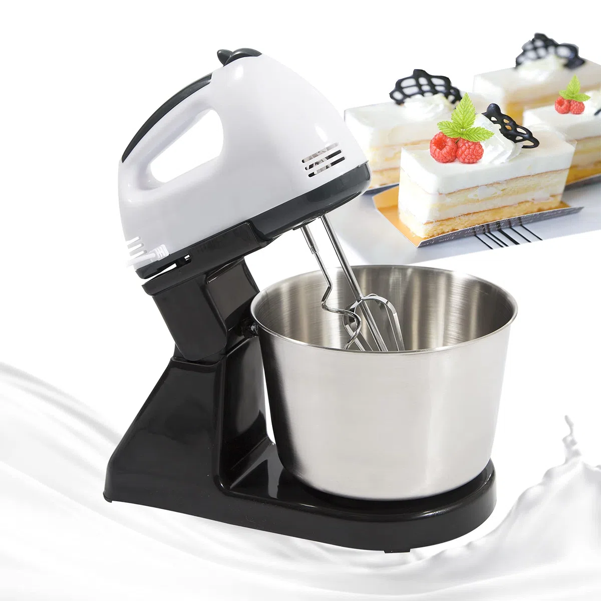 Robot da cucina impastatrice con 7 velocità, mixer per torte con ciotole in acciaio inox da 1,7L, dispositivo multifunzione, frullatore, impastatrice, stand mixer, 100W