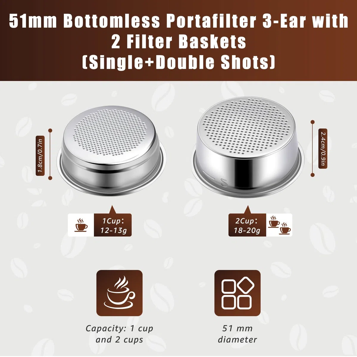 Portafiltro senza fondo a 3 orecchie da 51 mm, compatibile con Delonghi EC680/EC685, 100% acciaio inossidabile con 2 cestini filtranti (singolo + doppio colpo), strumento WDT, schermo a disco