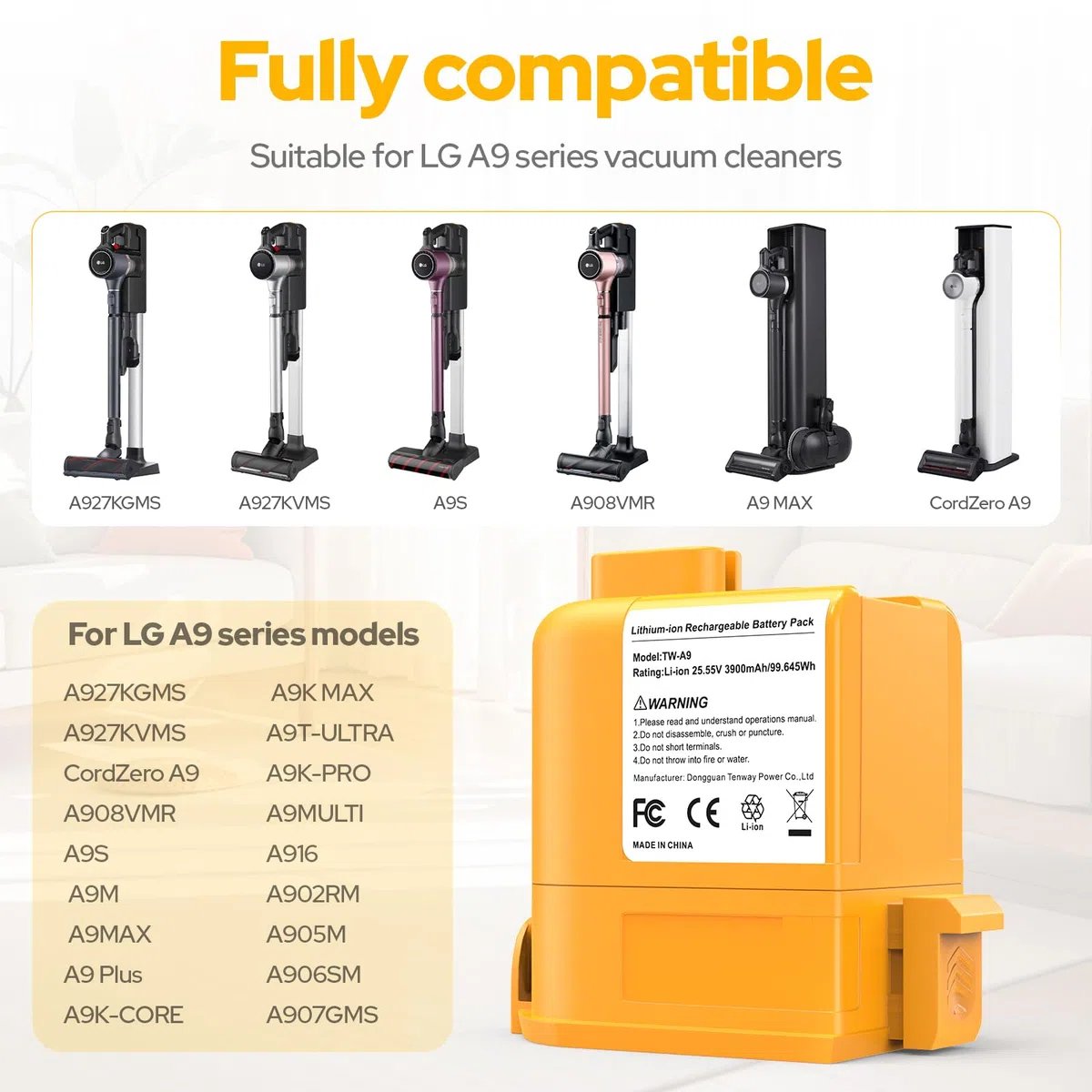 Batteria 3900 mAh per LG Cord Zero A9 Vacuum A9K-Core A9MAX A9T-Ultra A9K-PRO A9M A9MULTI2X A908MVR A929KVM A958S A958SA A9K MAX A916 A958 A905M A907GMS