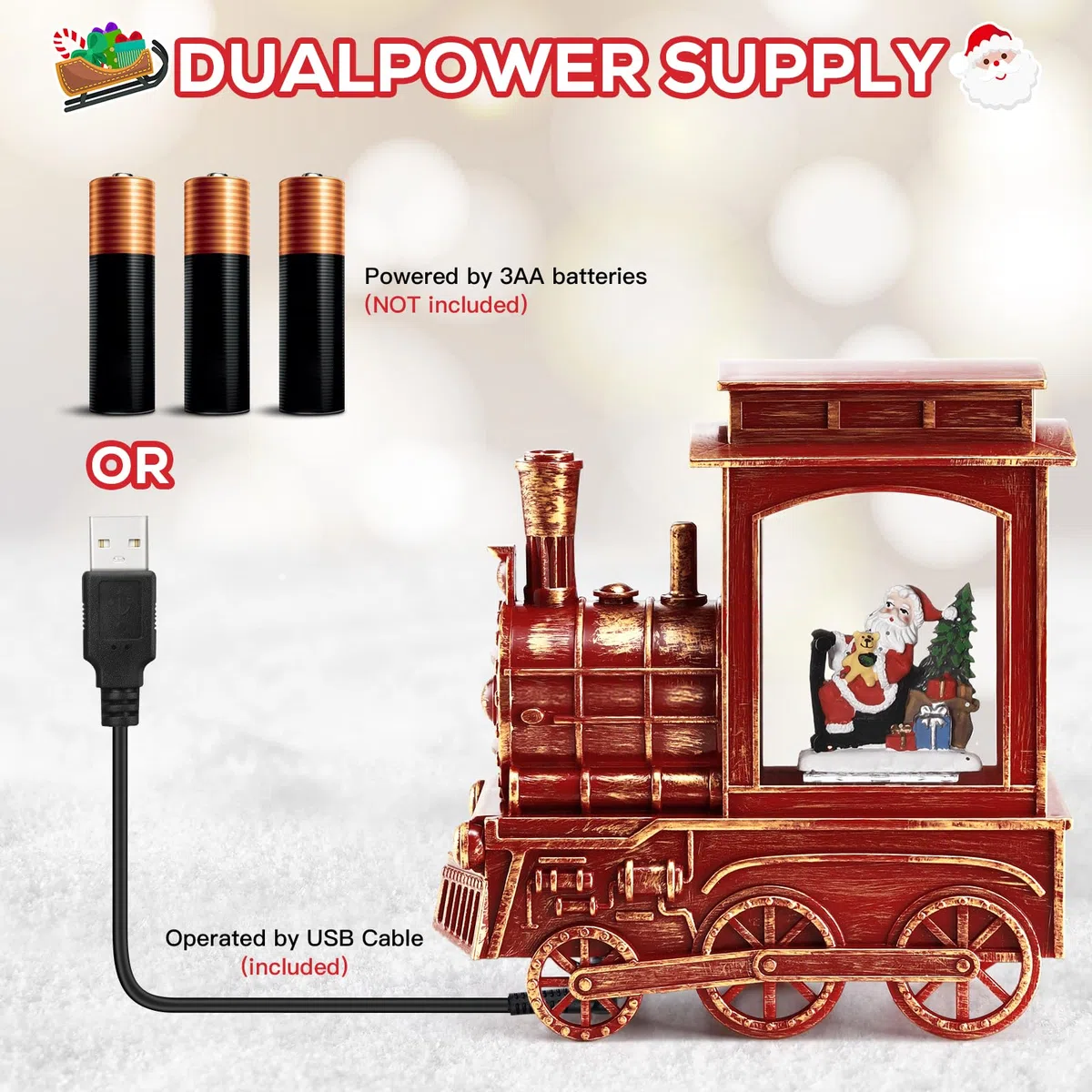 IPOW Lanterna di Babbo Natale a forma di treno con glitter vorticosi d'acqua, musicale e illuminato, timer di 6 ore, alimentato tramite USB e funzionamento a batteria, per Natale, decorazione per la