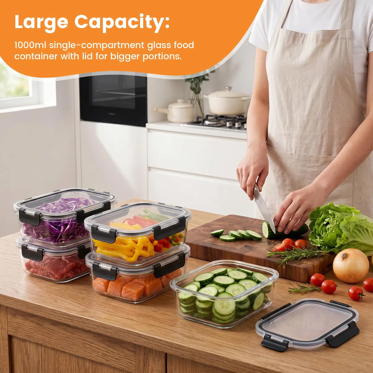 Zocipro 5pcs 1000ml Contenitori per Alimenti Ermetici in Vetro Borosilicato con Coperchio,Ermetici e a Prova di Perdite, Contenitore Ermetico per Alimenti, Adatti a Forno, Microonde e Lavastoviglie