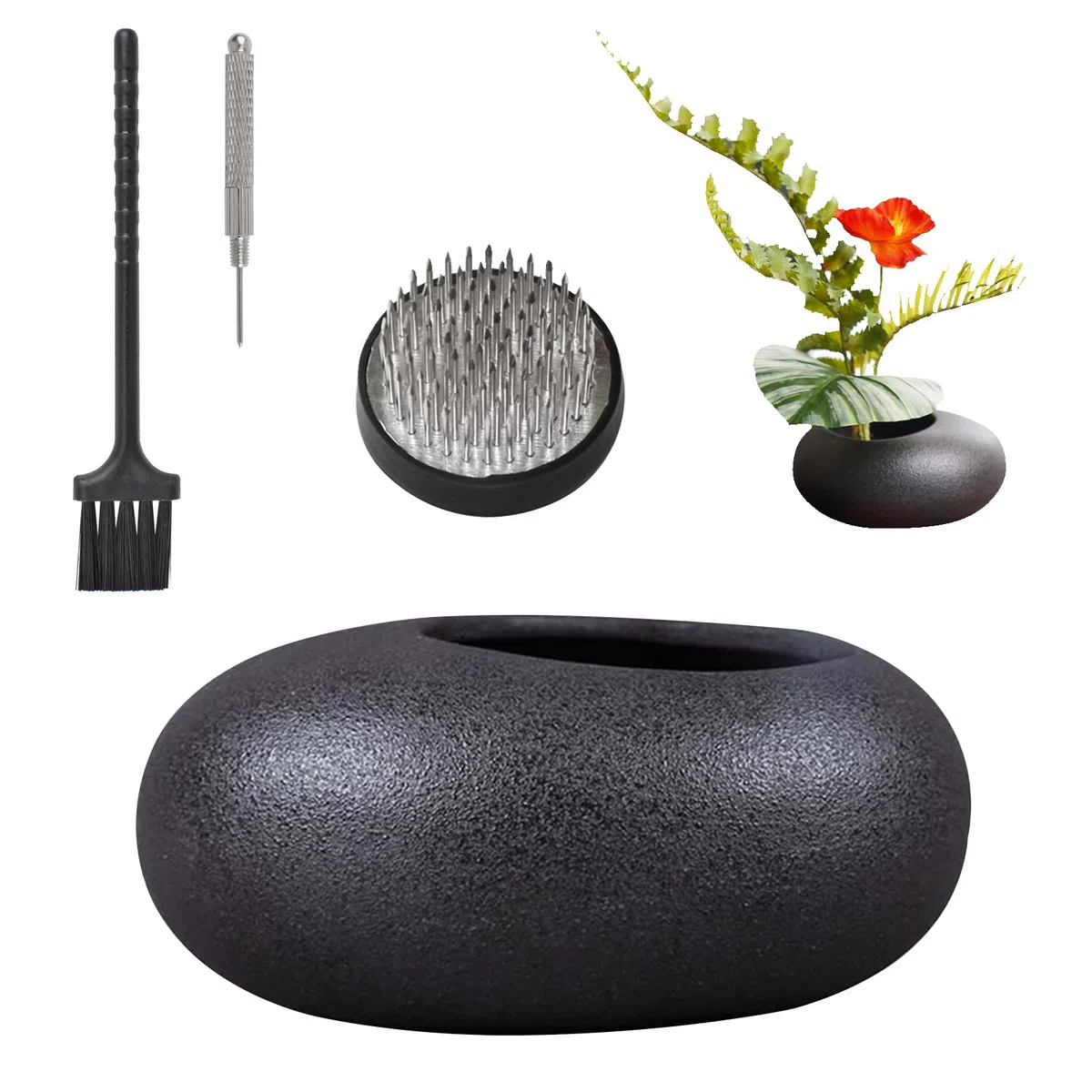 WANDIC - Kit per la Composizione dei Fiori, in Ceramica con Ghiaia Nera e Vaso da 4 cm, Motivo Kenzan, Rana in Ceramica Floreale, per Decorare la casa
