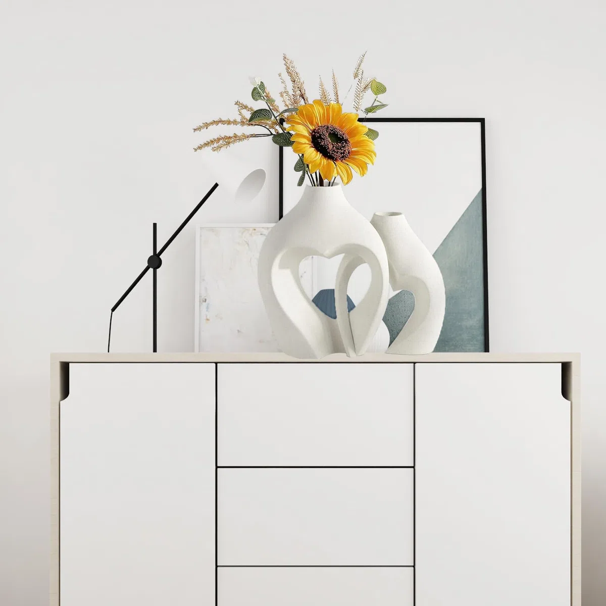 MUJUZE Set di 2 vasi moderni in ceramica beige opaco e bianco opaco, decorazione per soggiorno, camera da letto, vaso per erba della pampa, decorazione nordica moderna