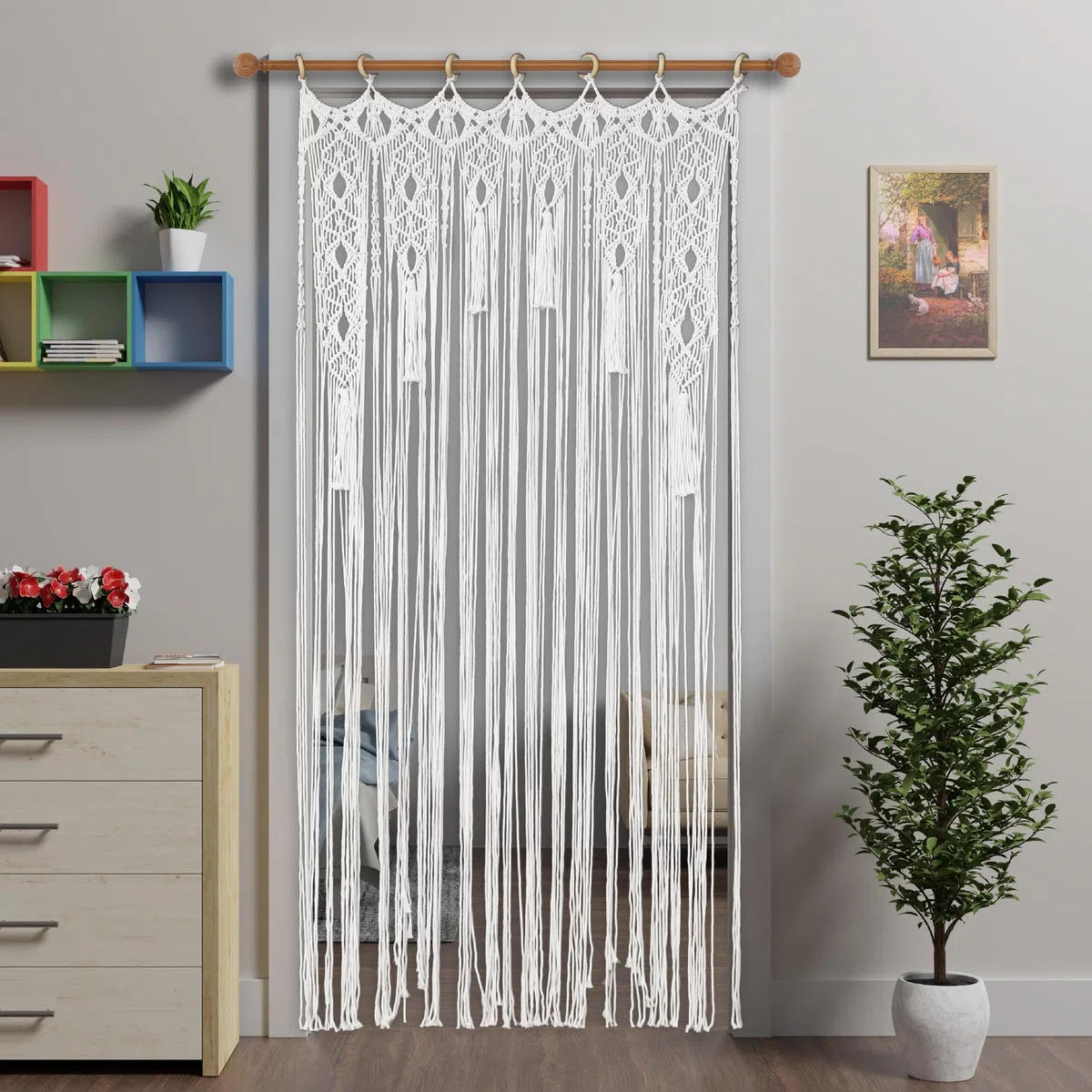 Tenda macramè Boho per porta (colore: bianco, larghezza 90 x lunghezza 200 cm, stringa)