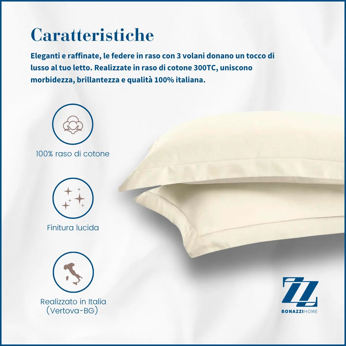 Bonazzi Home, 2 federe per cuscino in raso di puro cotone, misura 50x80cm, 100% MADE IN ITALY (Avorio)