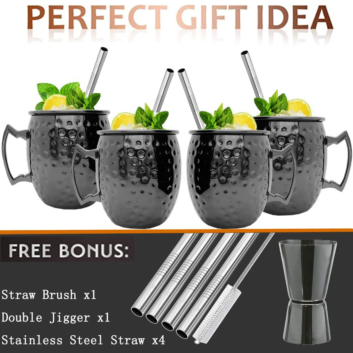 SuproBarware Moscow Mule - Set di 4 tazze con doppio jigger, in acciaio inox placcato nero, 18oz, perfetto per bevande fredde 4 pezzi, colore nero.