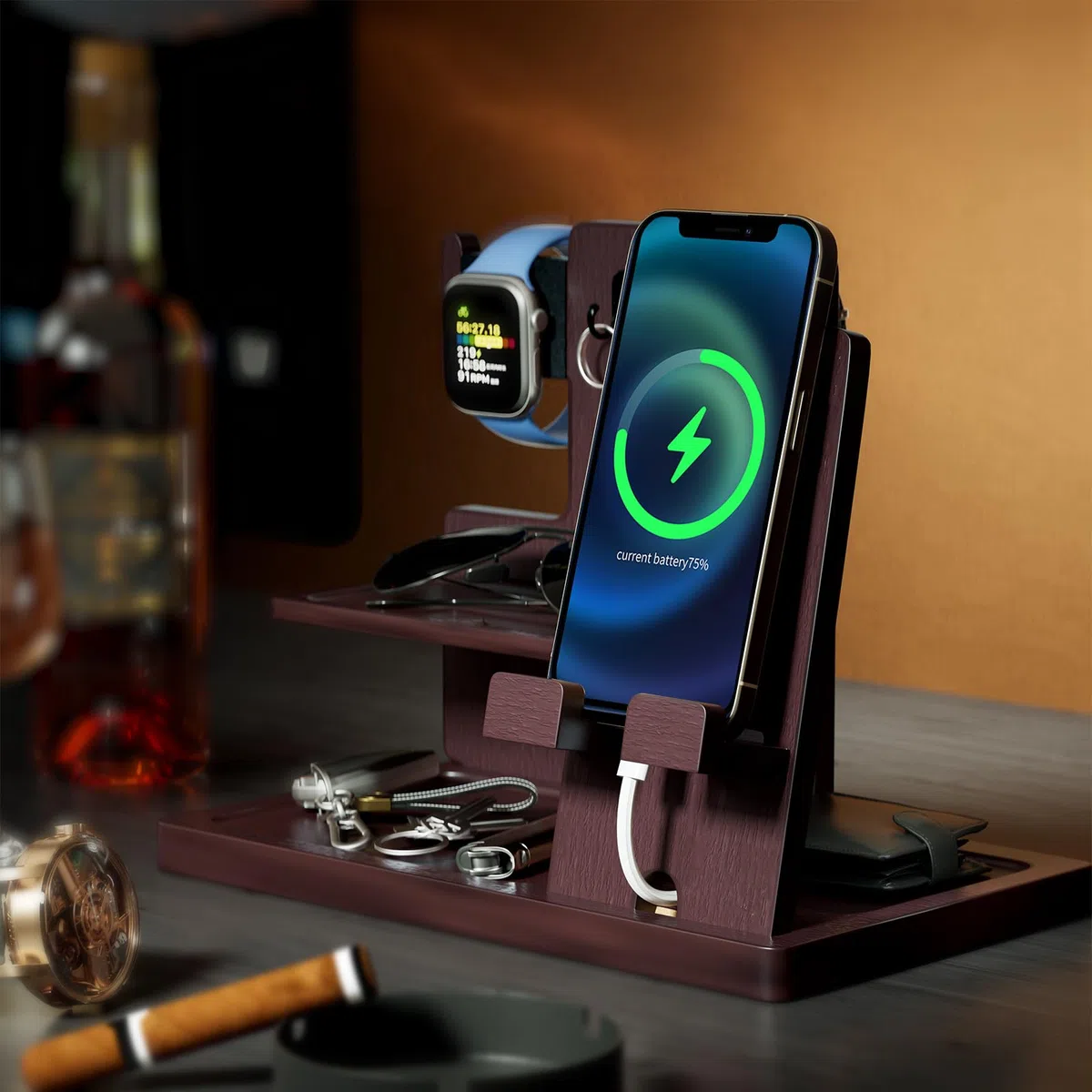 ProCase Regalo Uomo Svuotatasche Ingresso in Legno, Docking Station per Cellulare, Anniversario Compleanno Regali di Natale per Papà Marito Fidanzato -Espresso (inciso)