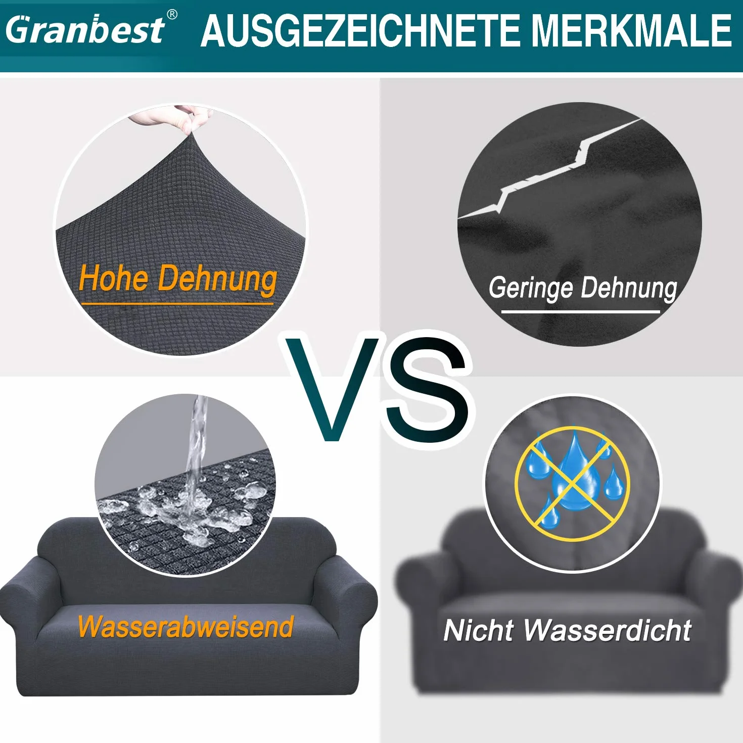 Granbest Copridivano elasticizzato, idrorepellente, 1 pezzo, in spandex, jacquard, con gommapiuma antiscivolo (3 posti, grigio)