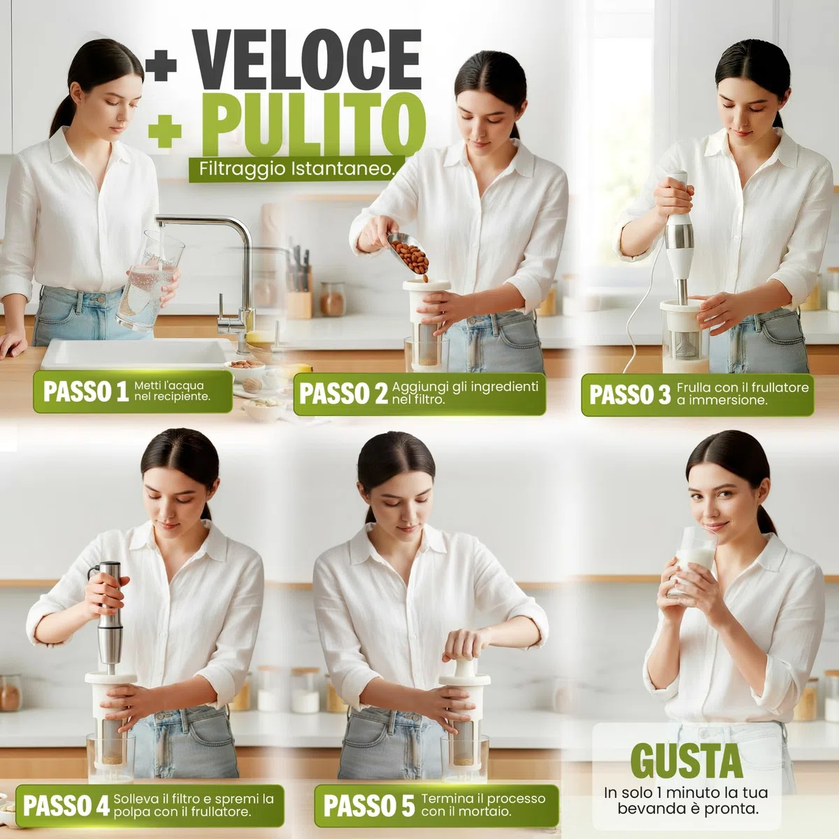 Vegan Milker Filtro Multifunzionale | Macchina per Latte Vegetale, Latte Avena, di Soia e Riso | 1L in 1 Minuto 100% Naturale con Filtro | Compatibile con Frullatore a Mano | Bianco Classico