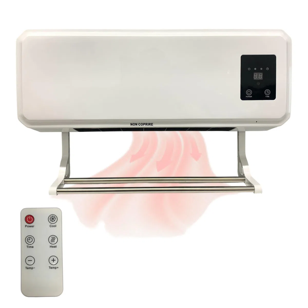 Stufa Elettrica a Parete Termoventilatore 2000W Aria Calda Fresca con Telecomando Timer 12H Display LCD Digitale Caldobagno Elettrico a Basso Consumo con Supporto Asciugamani/stendino integrato