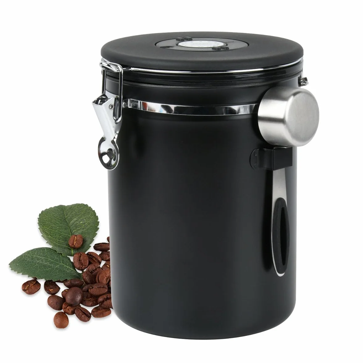 Inossidabile 304 Contenitore per Caffè, Barattolo Caffè Ermetico con Cucchiaio, Contenitore per Chicchi di Caffè, Barattolo Caffe Ermetico 2,8L, Chicchi di Caffè, Tè e Noci - Nero