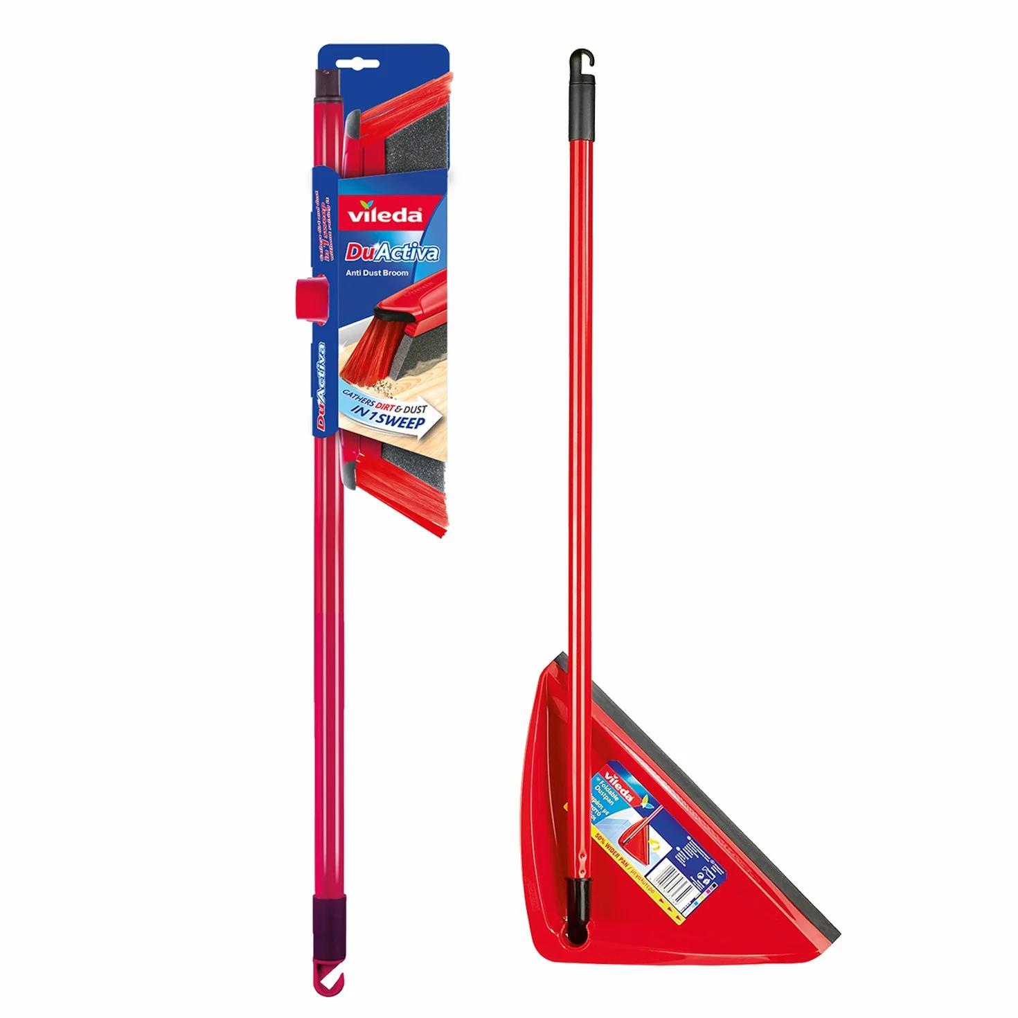 Vileda DuActiva Scopa Antipolvere + Paletta Manico Lungo, Rosso, 8 x 28.5 x 80 cm