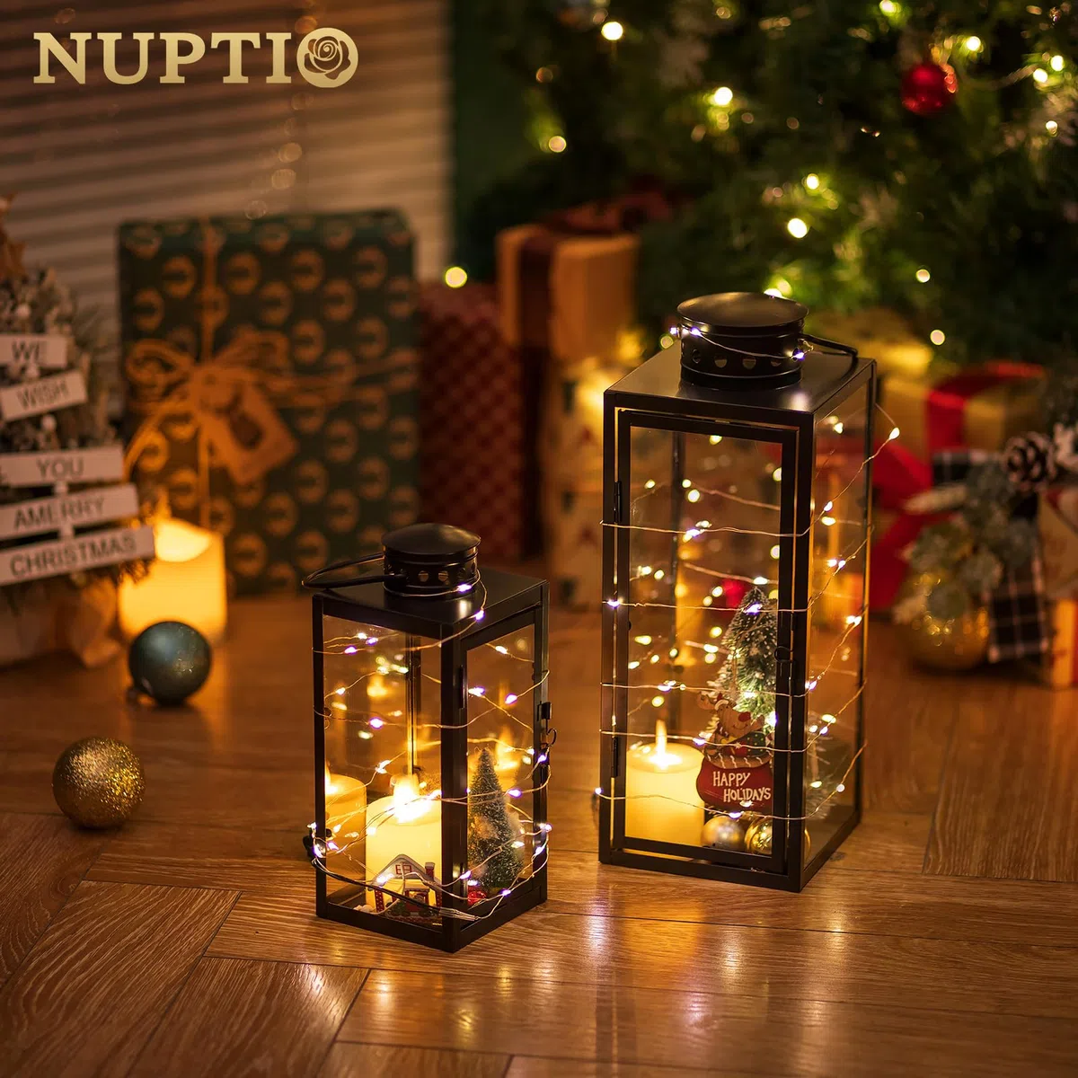 NUPTIO Lanterna per Candele All'aperto Nero: 35cm Alto Garden Candle Lanterns Indoor Hanging Decorative Memorial Metallo Vetro Fuori per Soggiorno Natale Halloween Matrimonio Centrotavola