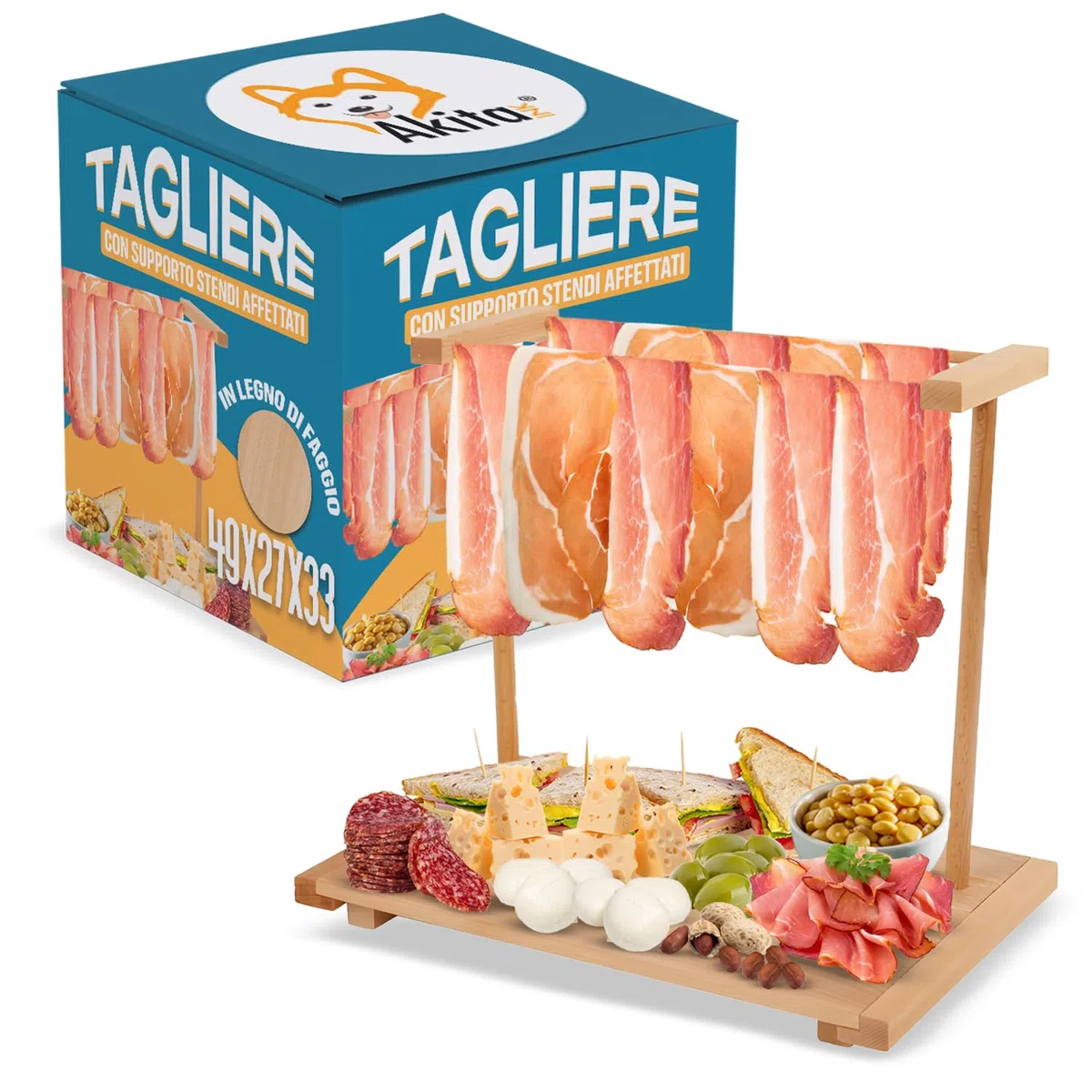 AKITAInk Tagliere per Aperitivo, appendi prosciutto in Legno di faggio, Tagliere con Stand Appendi Affettati, Vassoio per Salumi, Formaggi Ideale per Aperitivi, Apericena Made in Italy (49x27x33 cm)