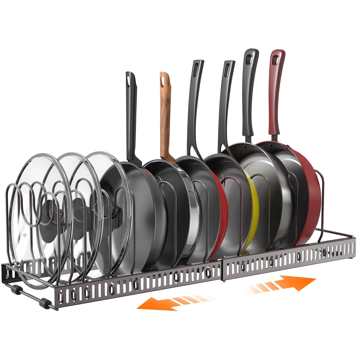 Puricon Porta Coperchi Pentole Salvaspazio in Metallo, Porta Padelle Allungabile con 10 Scomparti, Portacoperchi per Padelle, Coperchi Organizer Cucina-Bronzo