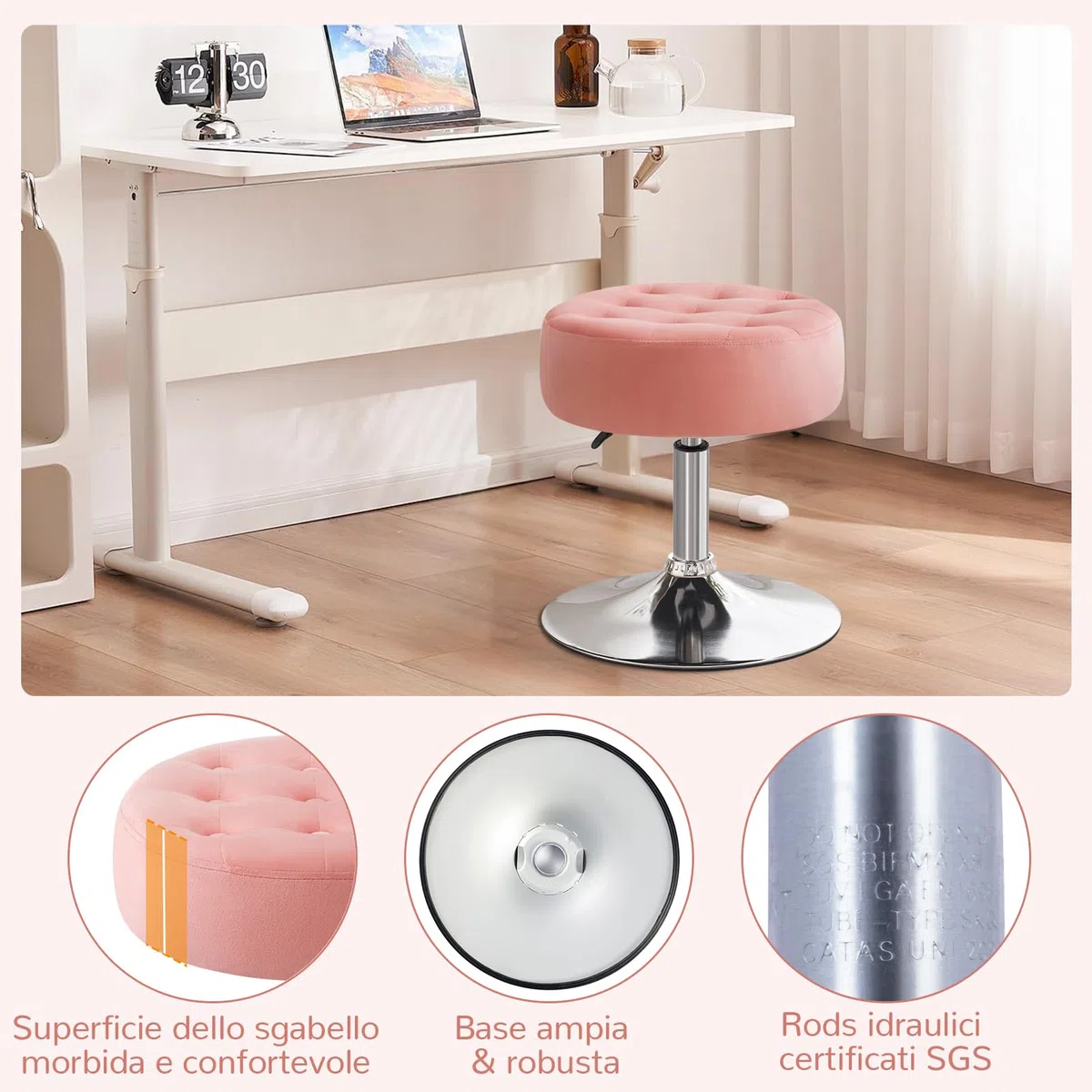 Sgabello da Trucco, Sgabello Rotondo Girevole Regolabile in Altezza, Sgabelli Toeletta Trucco Sgabelli Basso da Bar, Sedia da Cucina in Velluto per Camera da Letto Soggiorno Salone, Rosa