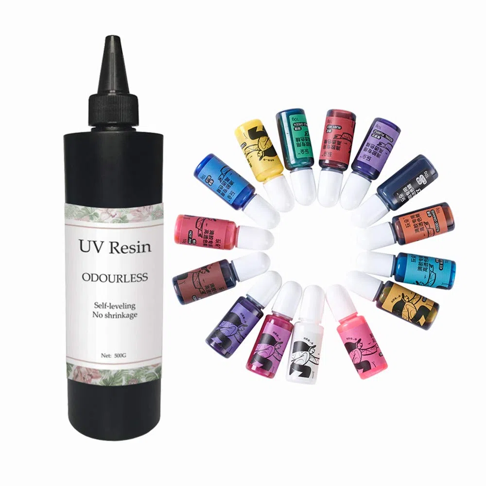 Nuova resina UV SENZA ODORE 500g Trasparente Duro Non tossico per creazione di gioielli Kit fai da te fatto a mano con 15 colori Pigmenti liquidi coloranti per Resina epossidica