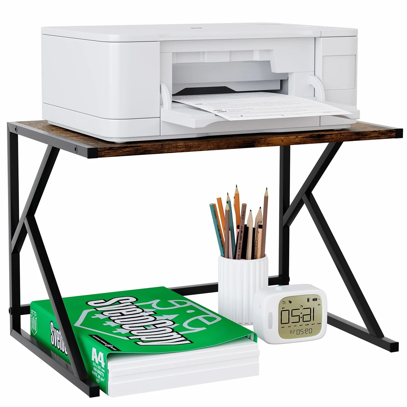 EasyPAG Supporto Stampante da Scrivania Metallo Legno,Ripiano per Stampante,Scaffale Porta Stampante per Ufficio & Casa,Marrone