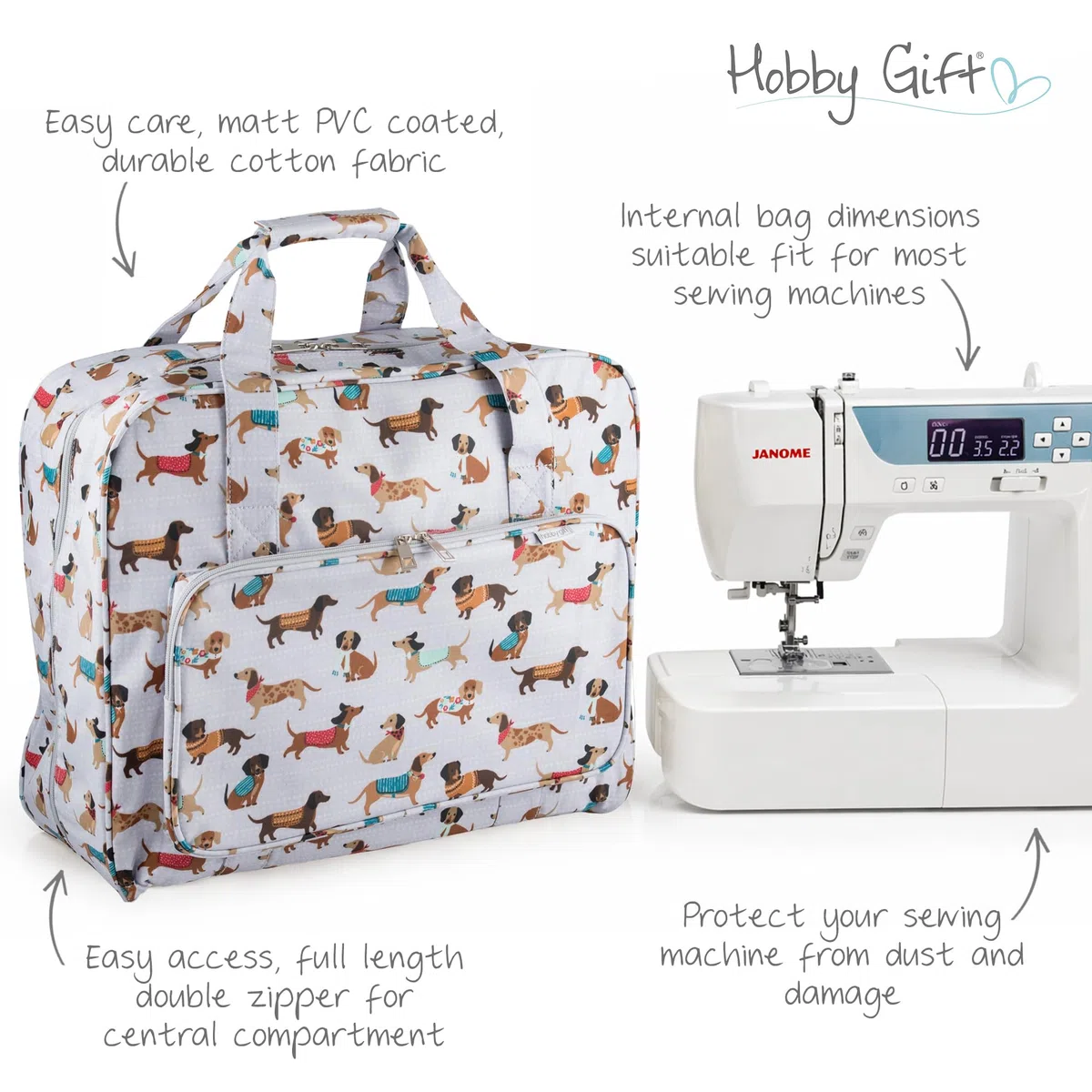 Hobby Gift Esclusiva borsa per macchina da cucire, borsa da trasporto imbottita in PVC, accessori extra, 20 x 43 x 37 cm