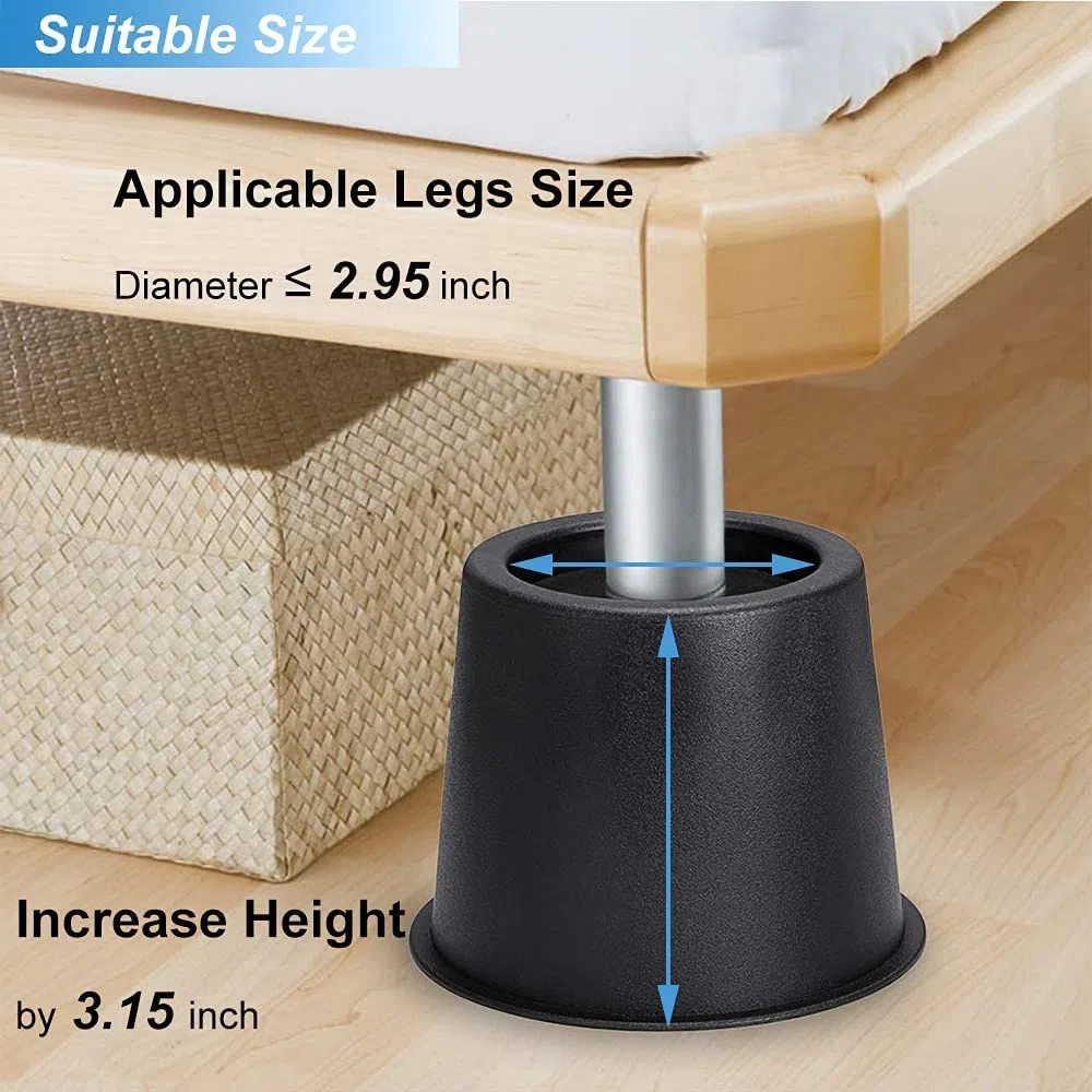 Sollevatori rotondi per letto altezza di 10,5 cm, resistenti, set da 4 pezzi di alzate da tavolo per mobili, ottimo spazio sotto il letto, nero