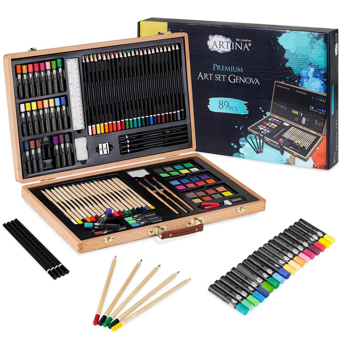 Artina 89 Pezzi Set Pittura con Valigetta in Legno – Matite, Colori a Cera, Acquerelli, Pennelli – Kit Pittura per Bambini e Adulti – Set per Dipingere Bambini Artistico e Regalo di Natale – Genova