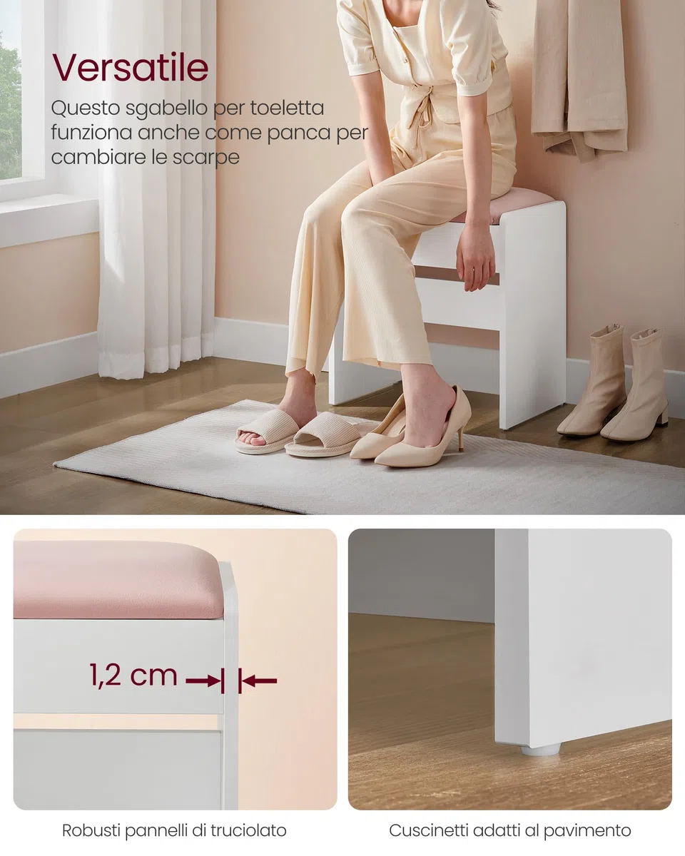 VASAGLE KAILYN Collezione - Sgabello Toeletta Trucco, Sgabello Imbottito Trucco, Velluto, Piedini Antiscivolo, Camera da Letto Armadio Ingresso, Stile Moderno, Bianco Opaco e Rosa Pastello RDS001W01