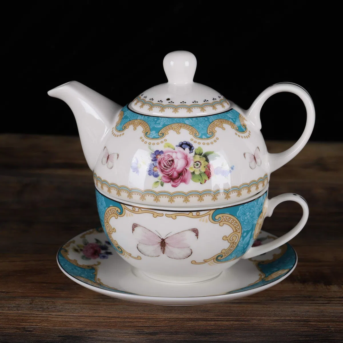 fanquare Servizio da Tè per Una Persona con Vintage Fiori di Rosa, Una Teiera con Tazza di Caffè e Piattino in Porcellana Turchese