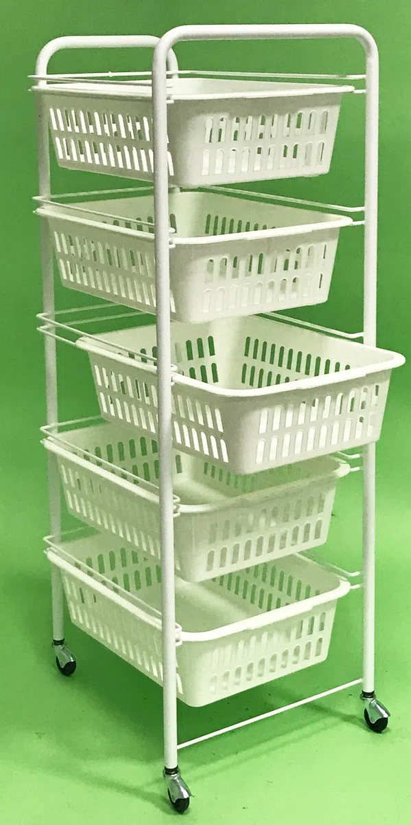 Carrello portaverdure metallo, di 32 x 38 x 86 cm, con 5 ripiani e ruote.