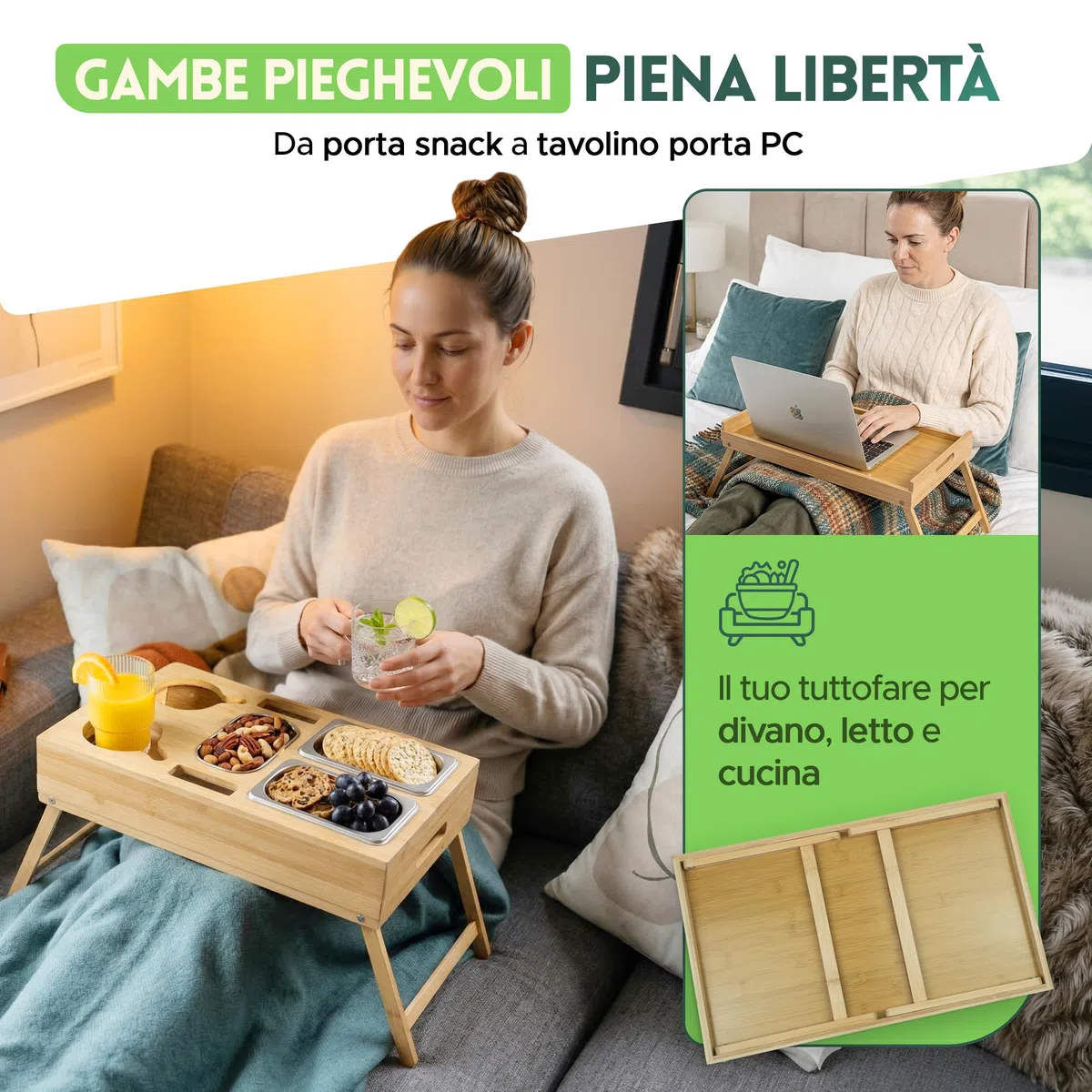 naturlik Vassoio da Divano 3 in 1 con Gambe Pieghevoli in Bambù – Portasnack XL 46x27,5cm, Tavolino da Letto Porta Laptop – 3 Ciotole Acciaio Inossidabile, Portabicchieri – Soggiorno, Camera da Letto