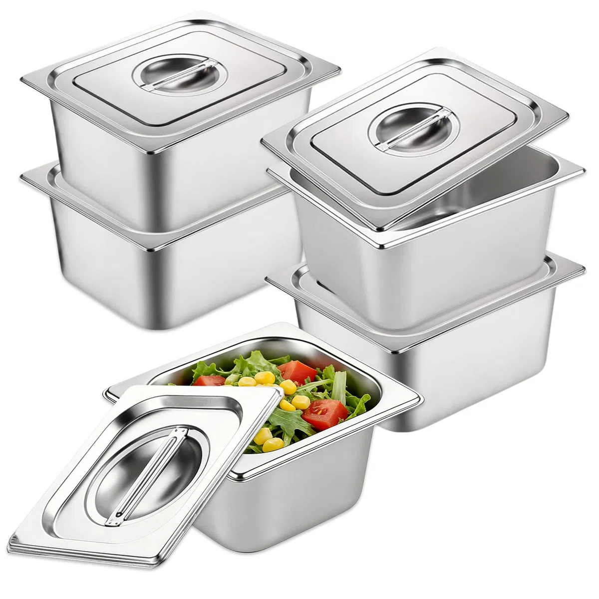 4 Pezzi Vassoio in Acciaio Inox,Teglia Forno Rettangolare con Coperchio,Contenitori per Alimenti Inox,Ciotole per Impanare Inox,Vassoio Acciaio Inox per Marinare Carne,Cotoletta, GN 1/6,17,5x16,5x10cm