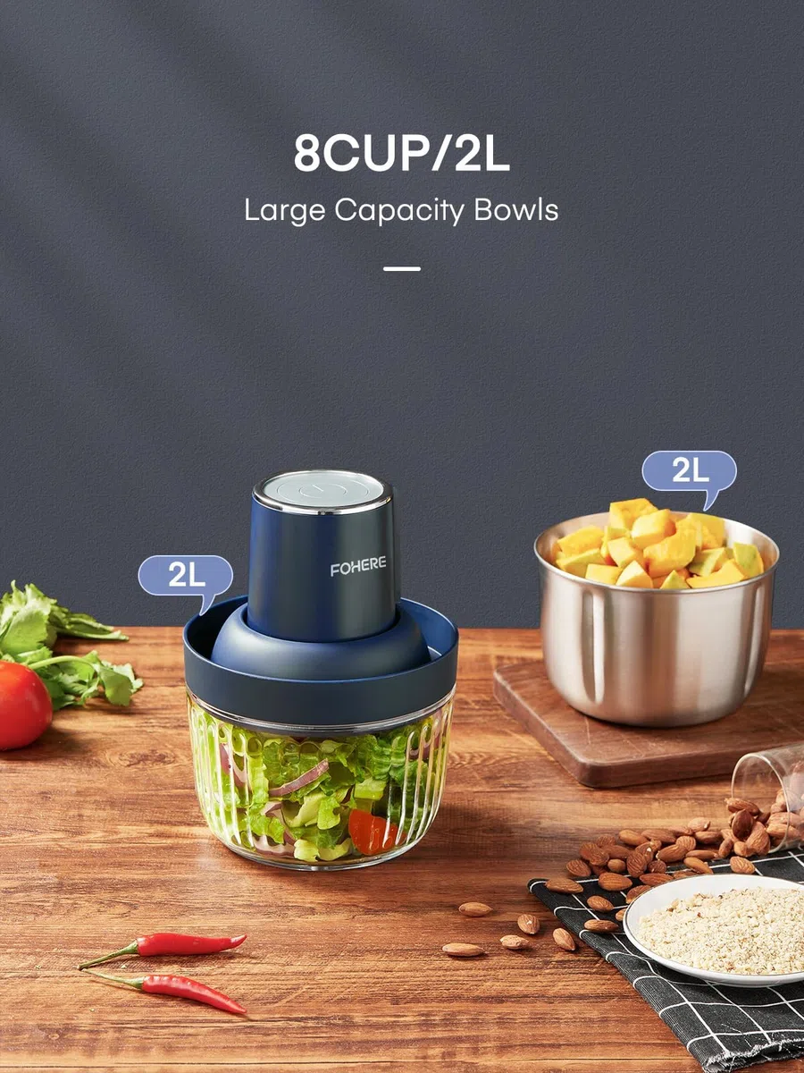 FOHERE 1,8 L+ 2 L Tritatutto da Cucina Elettrico con 2 Ciotole, 300W Frullatore Tritatutto Multifunzione, 2 Lame a due Livelli per Carne Verdura e Frutta, Blu