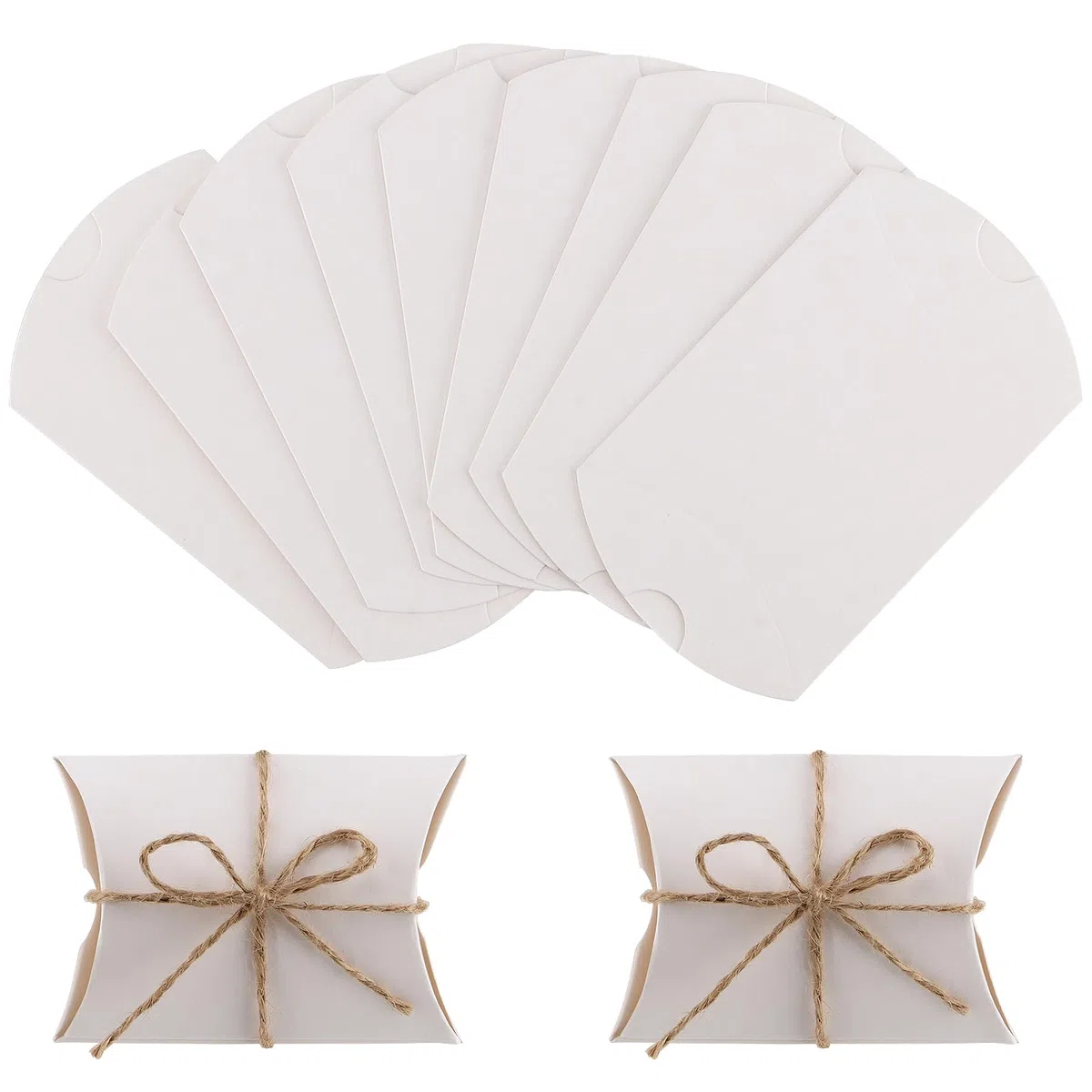 150 scatole per cuscini piccole, 9x6,5 cm, carta kraft bianca, confezione regalo con 150 corde iuta 60 cm, scatola pieghevole