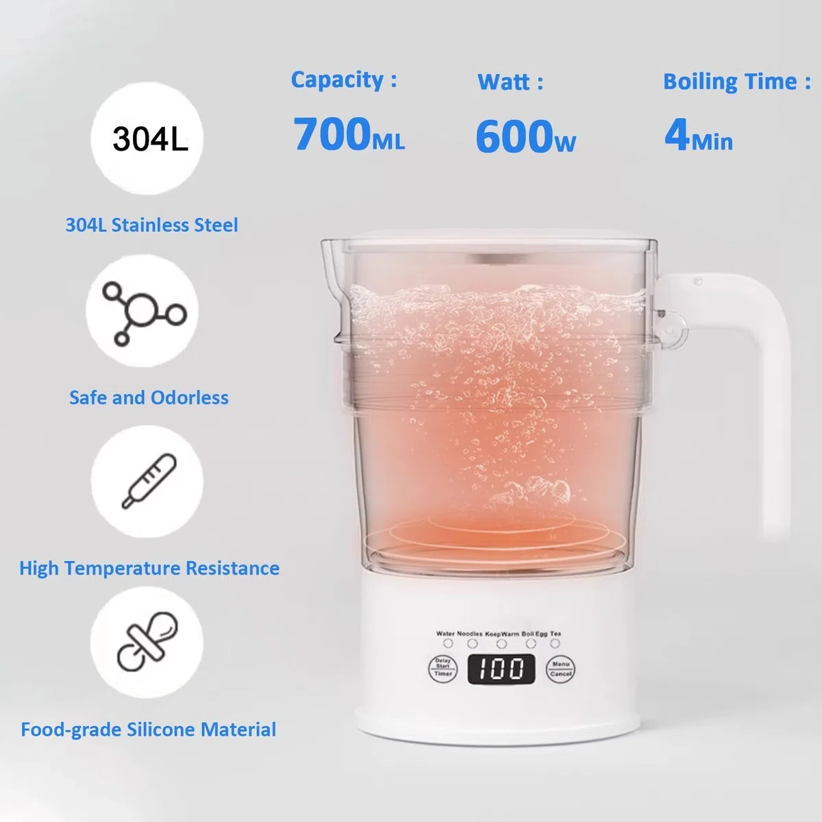 Bollitore da viaggio, bollitore elettrico piccolo con pannello multifunzionale, bollitore pieghevole con funzione di mantenimento in caldo e avvio ritardato, 0,7L, 1000W, Fondo in acciaio inox, bianco