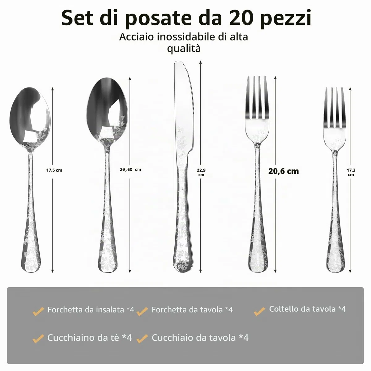Set di Posate, Aoresac Posate Acciaio Inox da 20 pezzi per 4 Persone, Ideali per La Casa, Il Ristorante, Festa e Come Regalo, Lavabili in Lavastoviglie e Antiruggine (Argento)