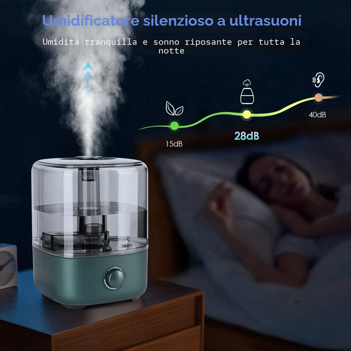 Umidificatore camera da letto 5 l, Vankarr Ultrasuoni 28 dB Silenzioso Air Humidifier TopFill Umidificatore per ambienti con ugello girevole a 360°, Aumenta l'umidità per cameretta dei bambini,