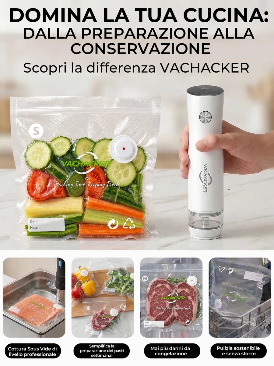 Macchina Sottovuoto Alimenti con Serbatoio Visibile, Vachacker Sottovuoto Alimenti Portatile con 30 Sacchetti per Sottovuoto, 60kPa Potente Vacuum Sealer