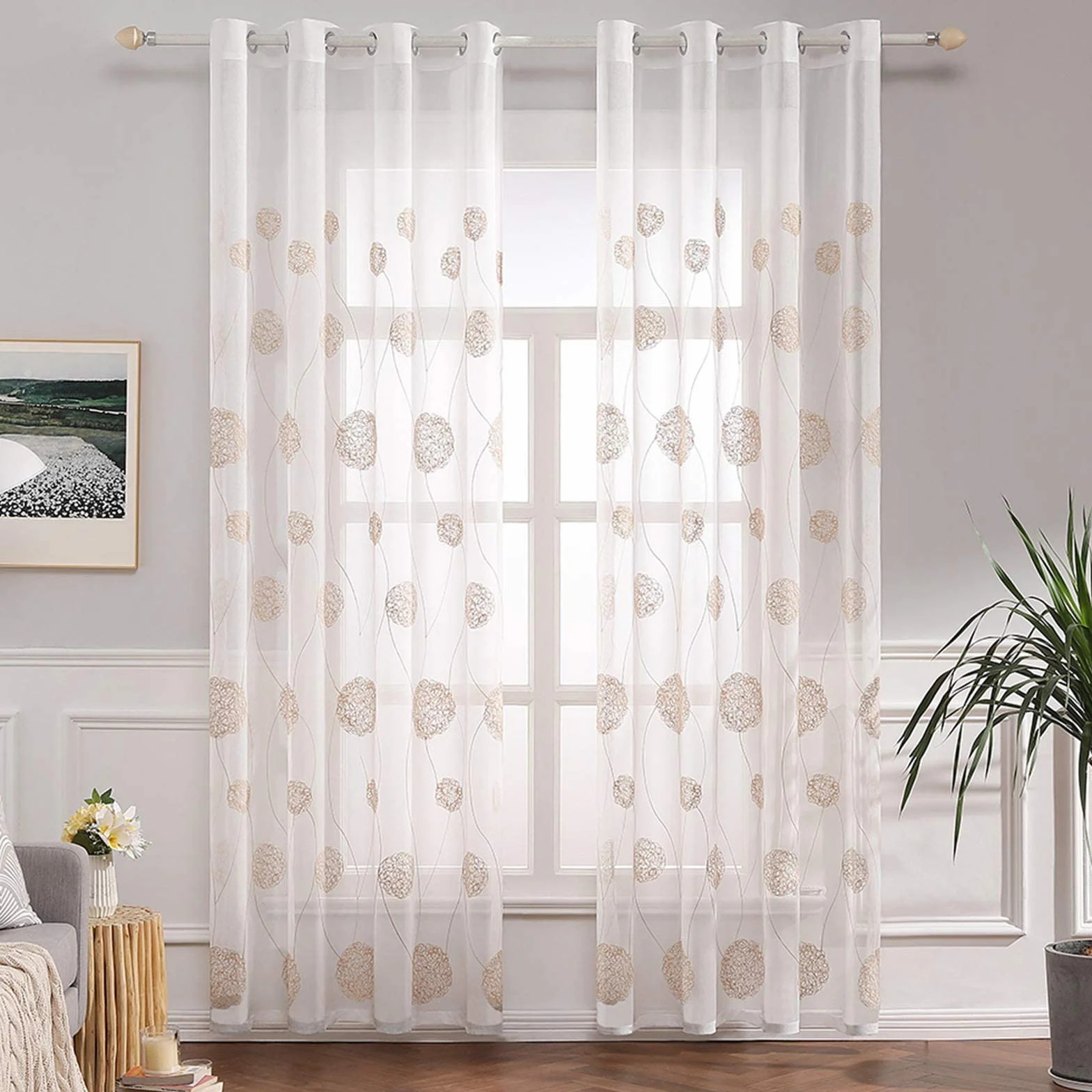 MIULEE Tenda per Camera da Letto, Tende Voile con Oro Ricamata Motivo, Tende Bianche Trasparenti con Occhielli, Tenda Finestra Interni per Casa Soggiorno e Salotto 2 Pezzi,2xL 140 x A 245 cm