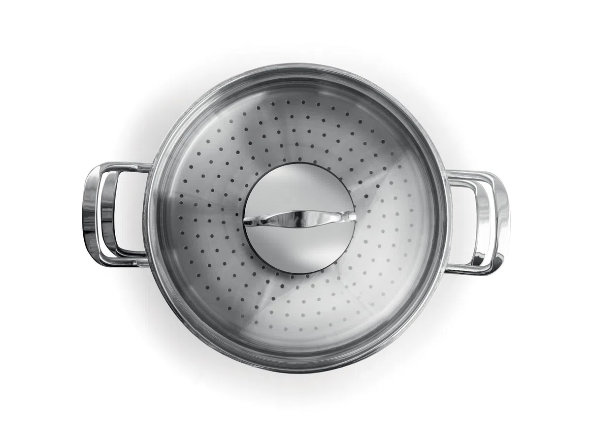 H&H Alessandro Borghese Vaporiera in Acciaio Inox 18/10, Triplo Fondo, 22cm, con Coperchio in Vetro e Cestello in Acciaio Inox