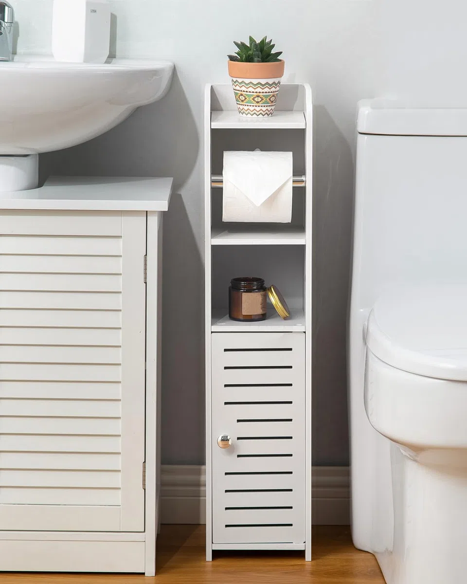 AOJEZOR Supporto porta carta igienica: armadietto da bagno accanto al WC per bagno piccolo spazio con porta rotolo di carta igienica - bianco