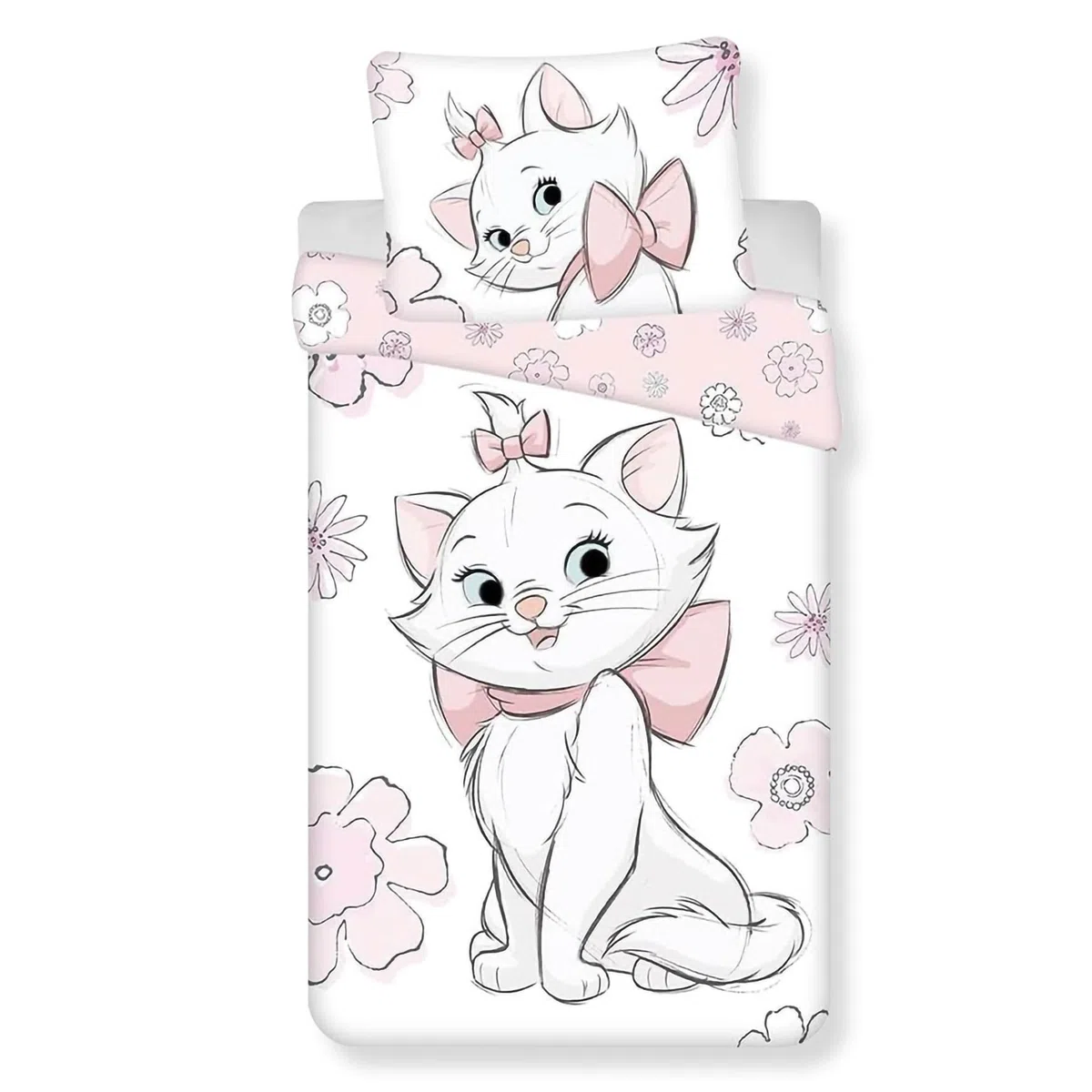 Jerry Fabrics Aristogatti Marie Flowers - Set copripiumino singolo e federa, 100% cotone, dimensioni europee, set copripiumino reversibile per bambini, comodo e traspirante, design carino
