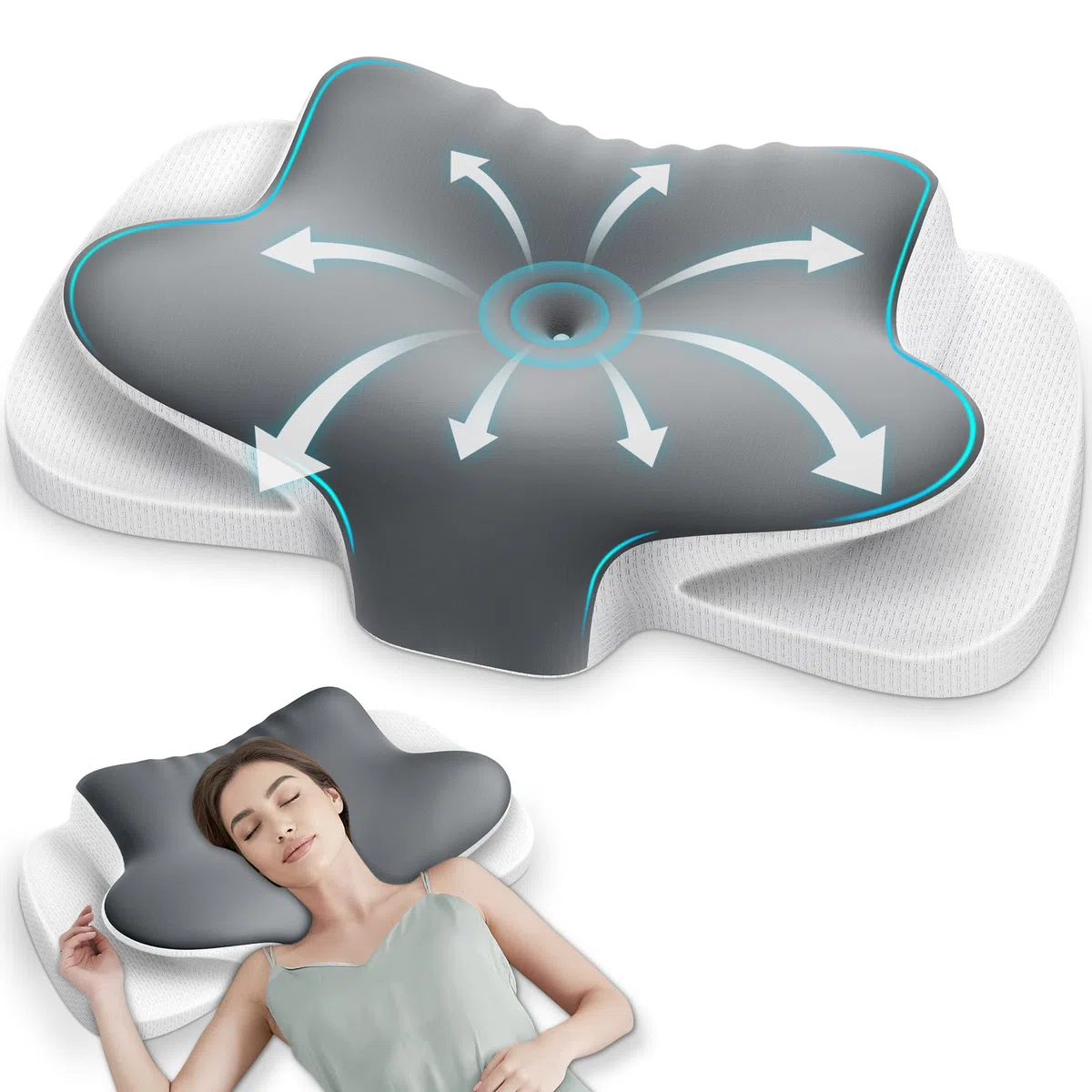 Ehomfory Cuscino Cervicale, 2 in 1 Ergonomico Cuscino in Memory Foam per Dormire, Cuscino per Supporto Cervicale con Federa Sfoderabile e Lavabile, Grigio