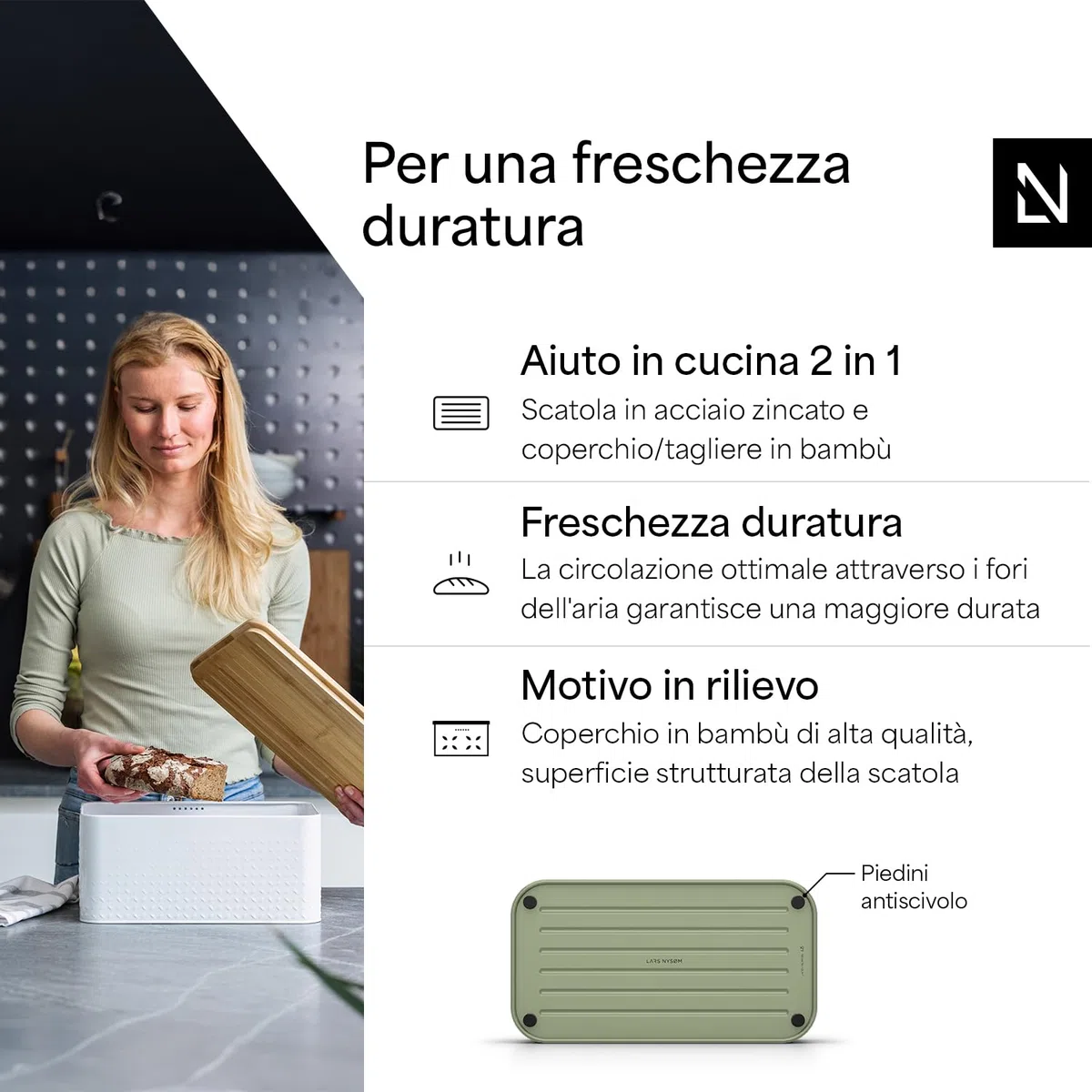 LARS NYSØM Portapane in metallo I Portapane per freschezza duratura con piedini antiscivolo I Coperchio in bambù adatto come tagliere | 34,5x18,5x15,8cm (Sage Green)