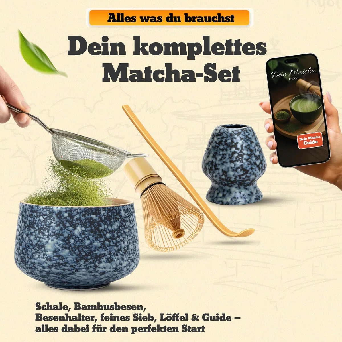 Set Matcha Premium in ceramica – Set Matcha tradizionale con scopa e ciotola, colino e porta scopa – Set Macha Tea – Kit accessori Matchaset senza polvere – Whisk Matchabesen (nero)