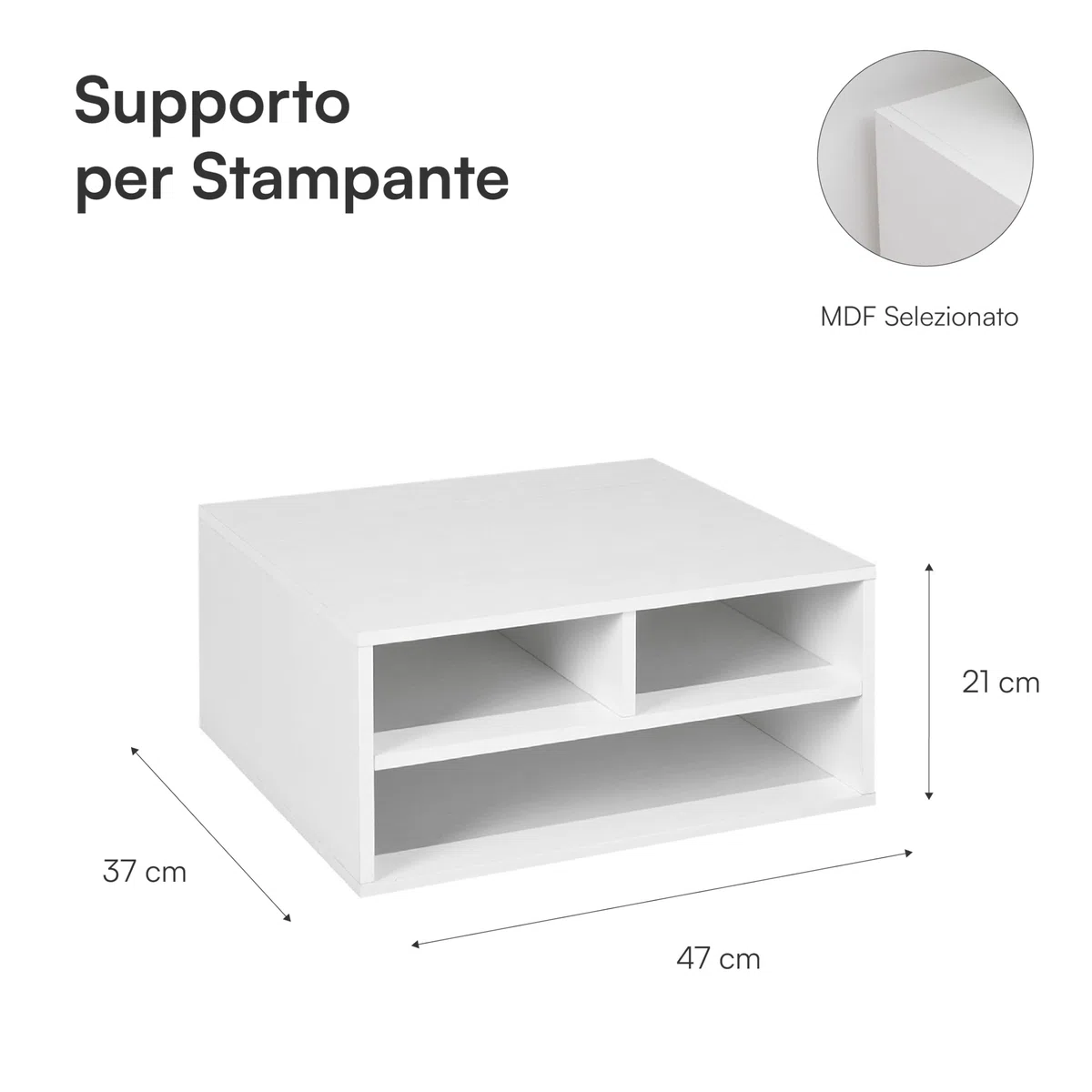Baroni Home Supporto per Stampante con 3 Scomparti, Organizer per Carta A4 e A3 per Scrivania e Ufficio, Struttura in MDF Resistente, Facile da Montare, 37x47x21 cm, Bianco