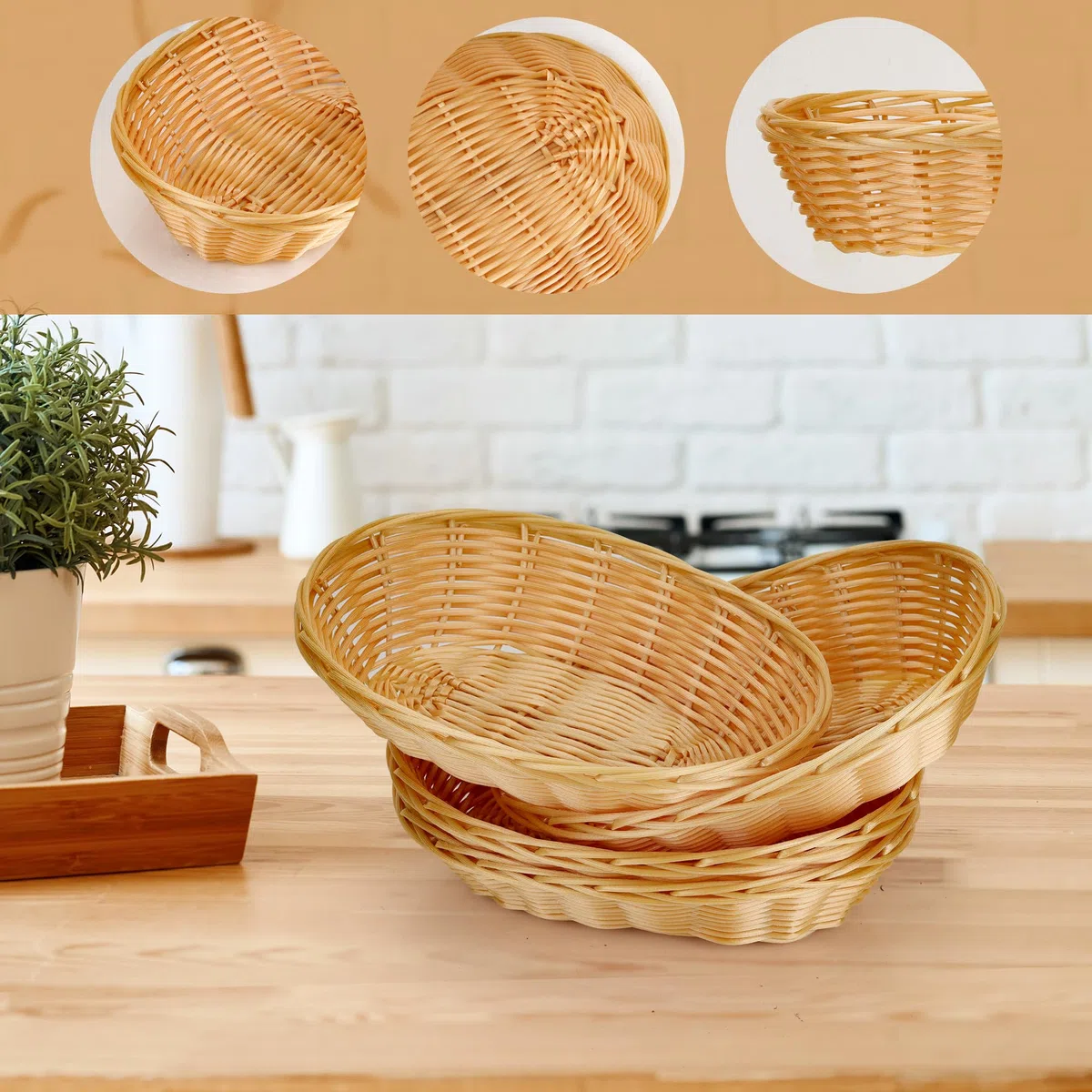 Set di 12 piccoli cestini per pane ovali in plastica intrecciata, 22 x 17 x 6 cm, cestino da servizio in finto rattan per cucina, ristorante, centrotavola