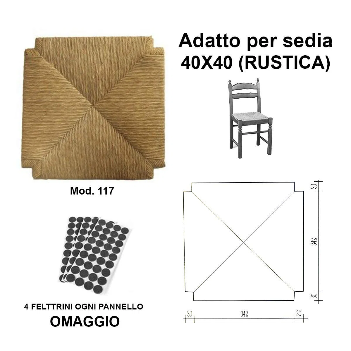 ZStyle SET SEDUTE PAGLIA mod. 117 40x40 cm Seduta Sedile Ricambio Telaio Fondo per Sedie Impagliate Sedia + FELTRINI OMAGGIO (2 Pezzi)
