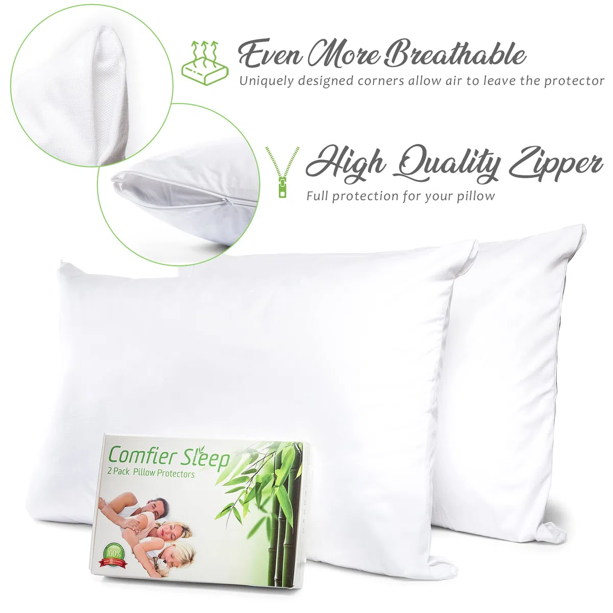 Copricuscino Impermeabile 50x80 cm – Copri Cuscino Antiacaro Anallergico Tre Strati Con Zip – 2 Pezzi Copricuscini – Coprifedere Cuscini Letto Traspiranti